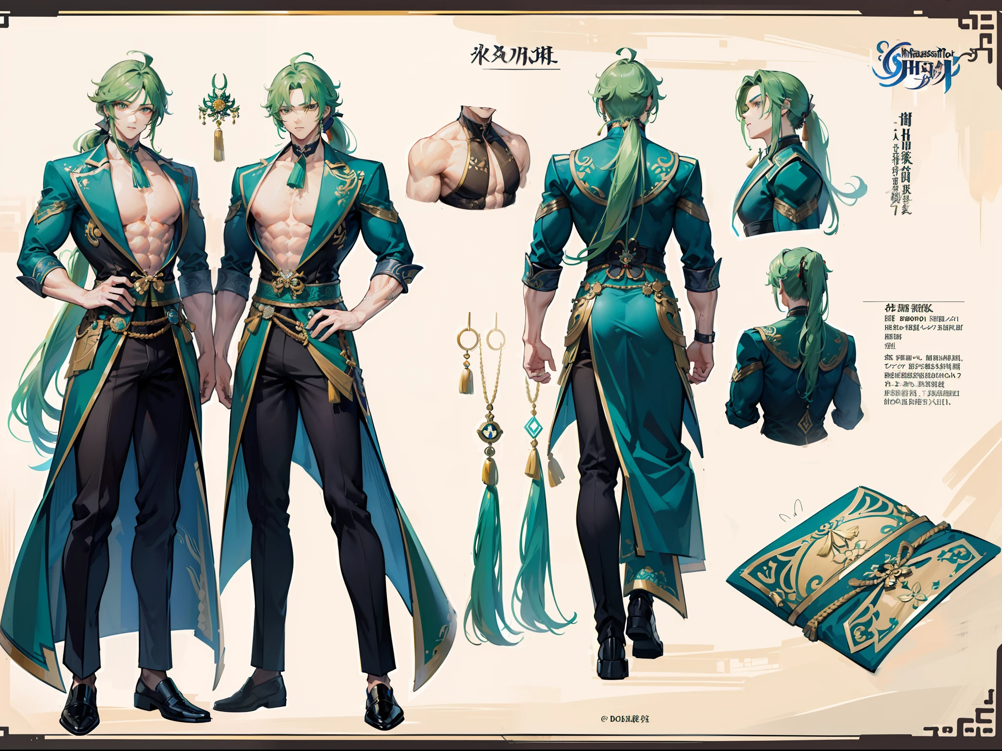 ((Masterpiece, Highest quality)), Detailed face, character design sheet， full bodyesbian, Full of details, frontal body view, back body view, Highly detailed, Depth, Many parts, Muscle boy with ponytail long green hair，handsome man, muscle body, Traditional chinese clothes, Genshin Impact, man tall, pectoral muscles, abs