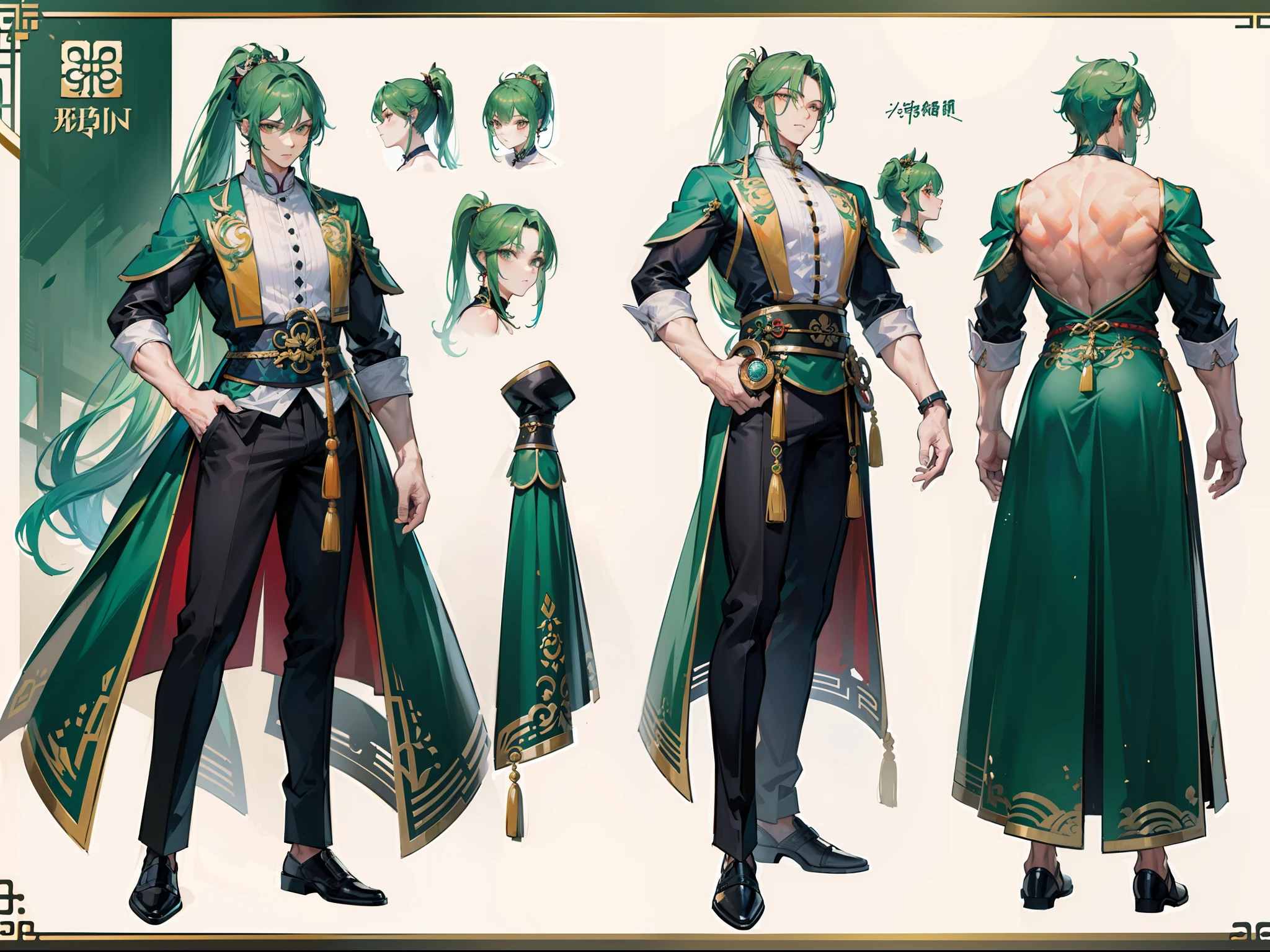 ((Masterpiece, Highest quality)), Detailed face, character design sheet, full bodyesbian, Full of details, frontal body view, back body view, Highly detailed, Depth, Many parts, Muscle boy with ponytail long green hair,handsome man, muscle body, Traditional chinese clothes, Genshin Impact, man tall,