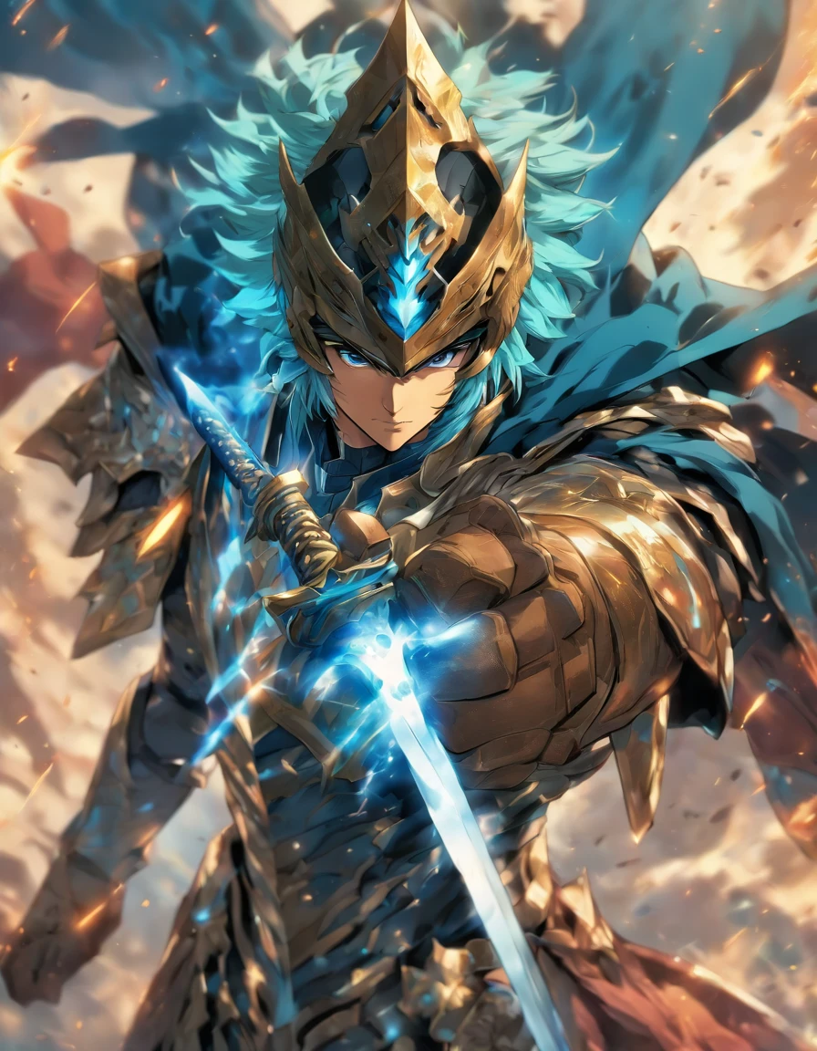 Create an anime-style man character with light blue armor, a sword in the right hand, a shield in the left hand, light brown skin, a black cape, and show their face.