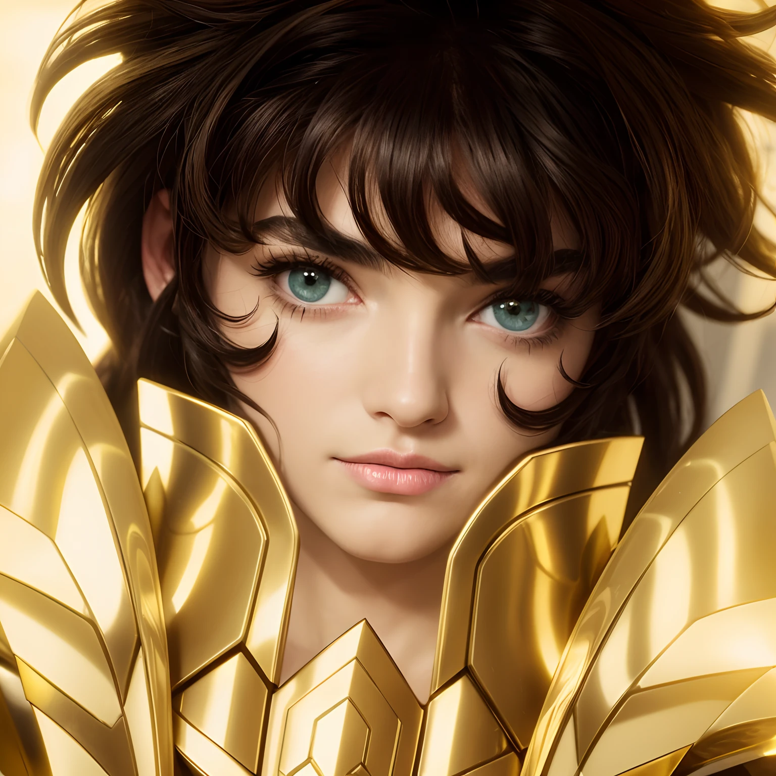 cinemactic, incrivelmente detalhado e ultrarrealista, Sagitairus aiolos de Saint Seiya. Close up. He's wearing pretty realistic golden armor. Armadura dourada brilhante. Octane is the perfect tool to capture the softest details of this 16k photography masterpiece. He is a handsome white man about 30 years old. 1home. beautiful face. Rosto detalhado. Nariz bonito. (Olhos verdes muito grandes). olhos perfeitos. ((depilado)). ele tem cabelos castanhos. cabelos curtos com franja. messy hair. Bandana vermelha.  Olhar terno.