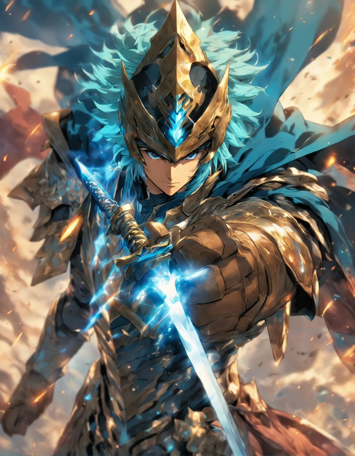 Create an anime-style man character with light blue armor, a sword in the right hand, a shield in the left hand, light brown skin, a black cape, and show their face.