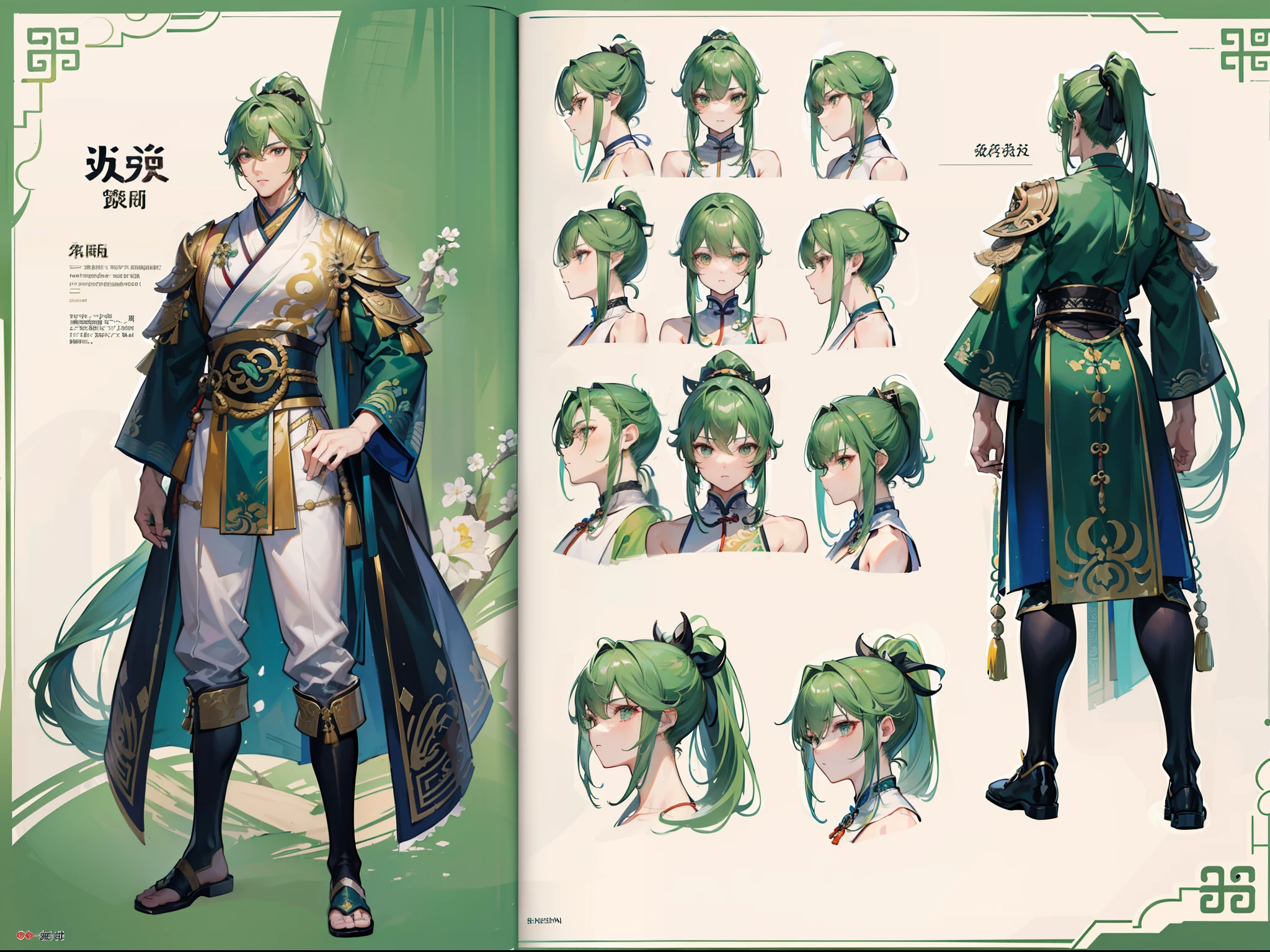 ((Masterpiece, Highest quality)), Detailed face, character design sheet， full bodyesbian, Full of details, frontal body view, back body view, Highly detailed, Depth, Many parts, Muscle boy with ponytail long green hair，handsome man, muscle body, Traditional chinese clothes, Genshin Impact, man tall,
