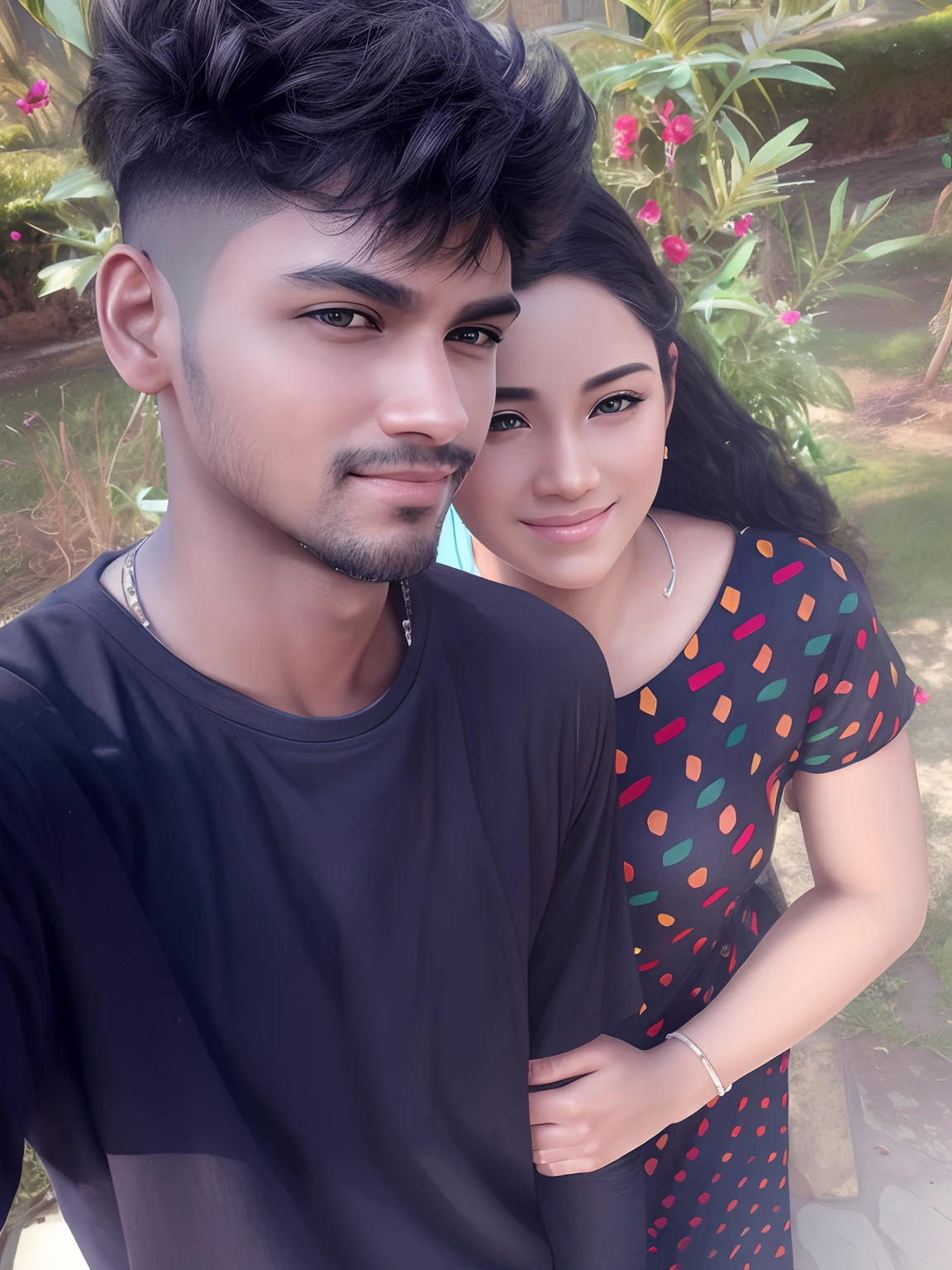 there is a man and woman standing together in a park, in love selfie, lovely couple, happy couple, selfie photo, candid picture, 8k selfie photograph, with lovely look, beautiful and adorable, cute photo photorealistic, photo, masterpiece, realistic, realism, photorealism, high contrast, photorealistic digital art trend in Artstation 8k HD high definition detailed realistic, detailed, skin texture, hyper detailed, realistic skin texture, armor, best quality,  Ultra high resolution, high resolution, detailed, raw photo, sharp re,