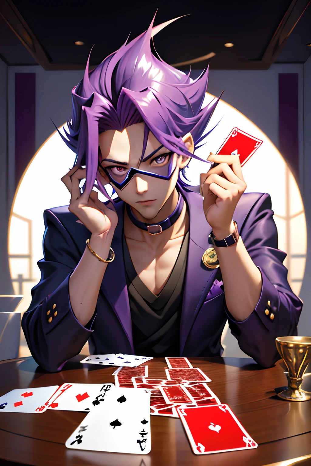 Altamente detalhado, a man in a purple suit holding scissors, attractive magic man, playing cards, character, anime image, white mask,full art, official character art, official character illustration,alta qualidade, obra-prima, bonito, PlayingCards, 1boy, solo, segurando, card, mesa, holding card, sentado, dentro de casa, playing card, POV across the table, boca fechada, olhando para o espectador, yugi muto, cabelo preto, jaqueta nos ombros, colar, pingente grande, camisa sem mangas, millennium puzzle,