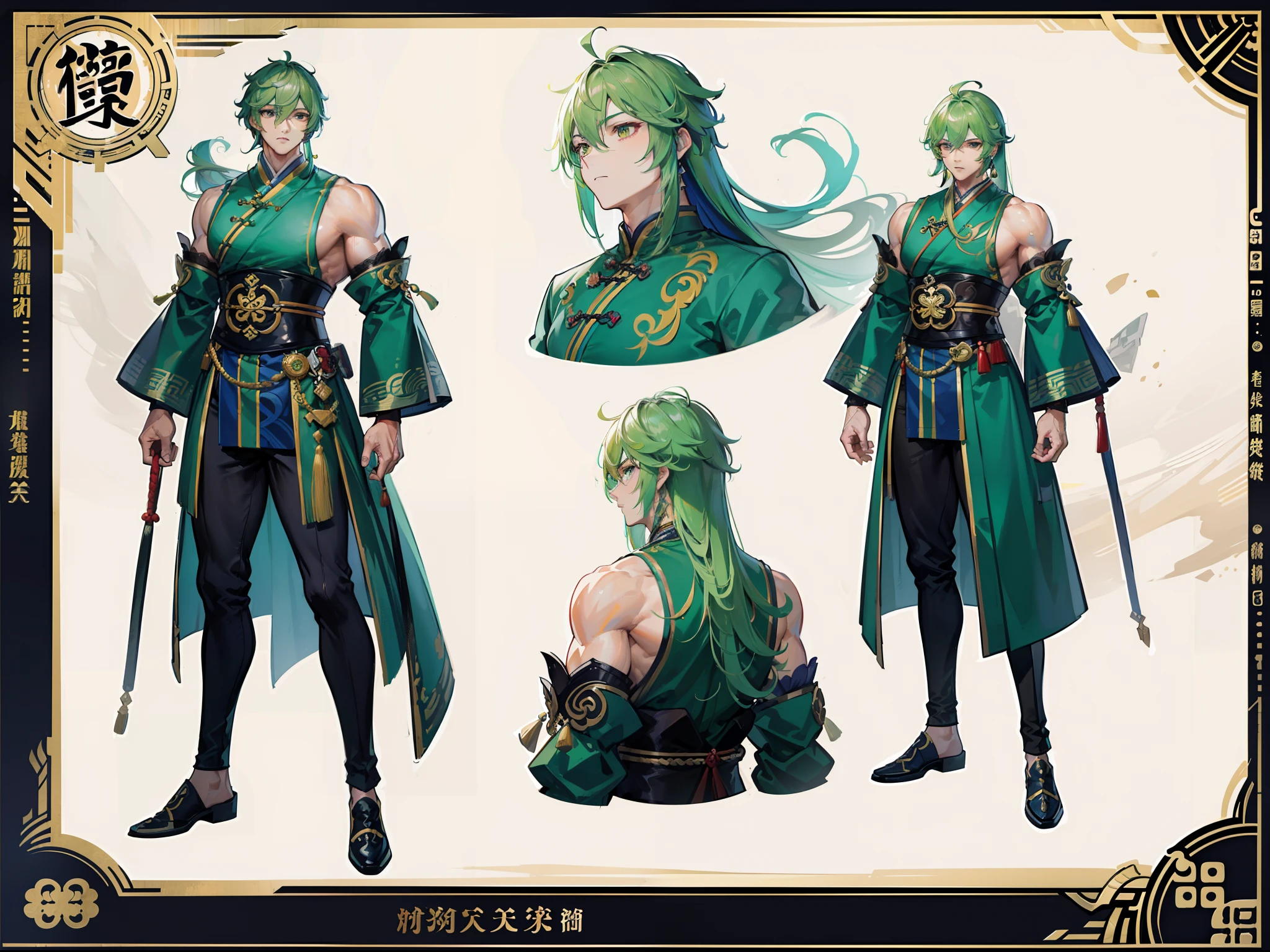 ((Masterpiece, Highest quality)), Detailed face, character design sheet, full bodyesbian, Full of details, frontal body view, back body view, Highly detailed, Depth, Many parts, Muscle boy with long green hair with long bangs,handsome man, muscle body, Traditional chinese clothes, Genshin Impact, man tall