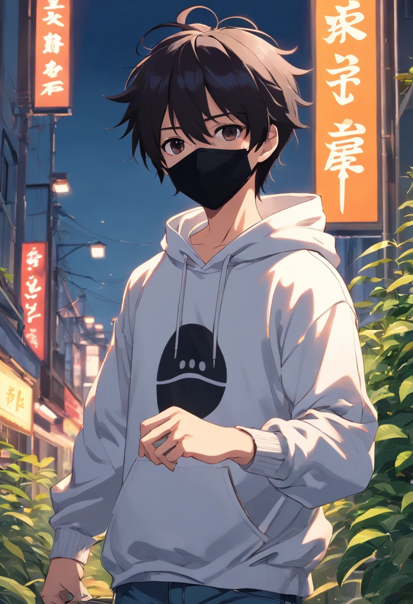 Anime Boy with black hair, black face mask, black pupils, white hoodie, black ripped denim jeans, white shoes, has a katana, has a wreath on his head