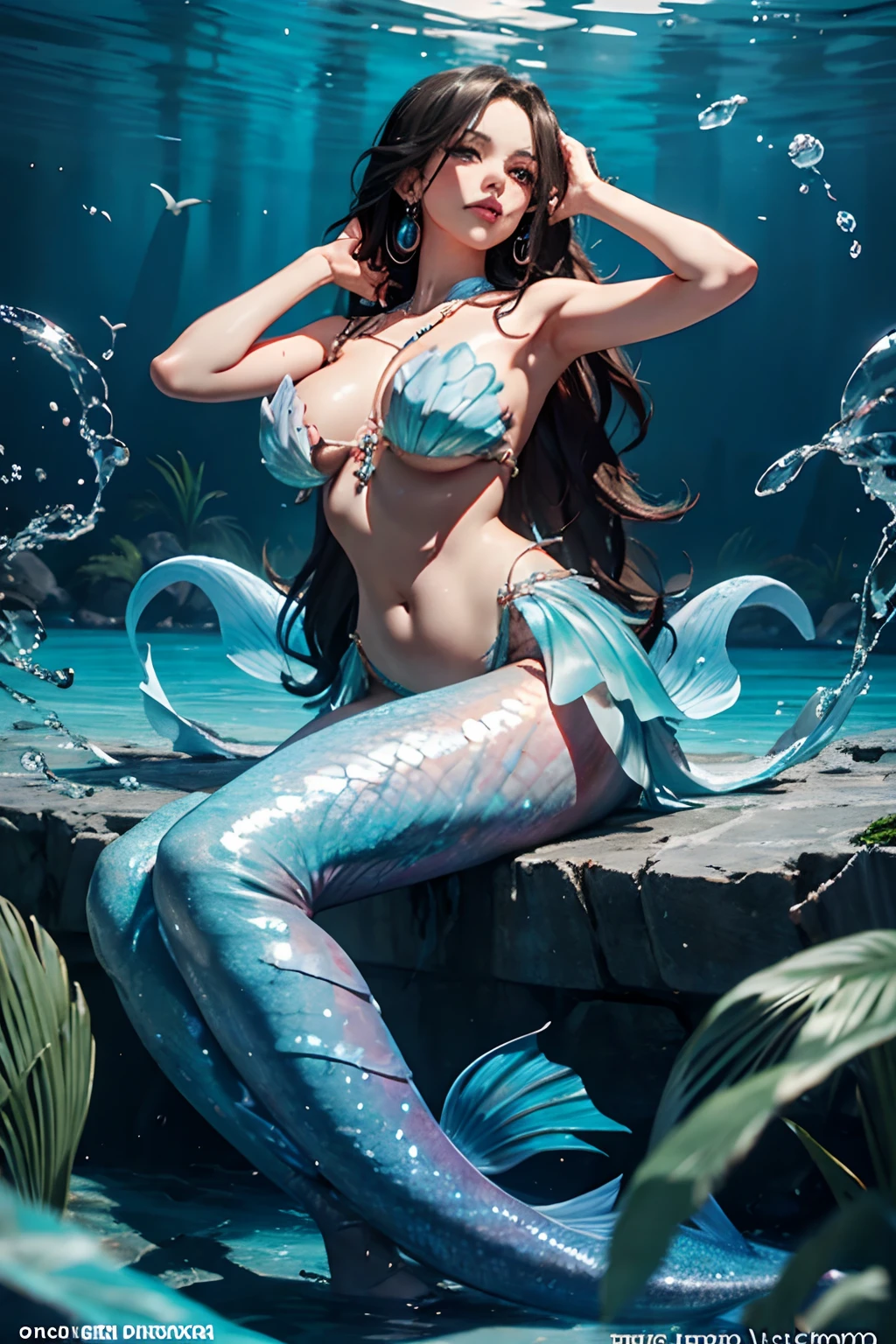 A slim young tropical mermaid jenna ortega, she has extremely long wavy lush hair, teal eyes and tanned skin, stirped skin, glossy scales, she wears sea shell inspired jewellry, she has glossy cyan and blue striped tail, she is swimming at clear tropical island waters, fantasy Theme, nautical Theme, Fiverr Dnd Character, Octane Render, Digital Art, Extreme Detail, 4k, Ultra Hd, Polished, Beautiful, Hyperdetailed, Intricate, Elaborate, Meticulous, Photorealistic, Sharp Focus, Wlop, Character Design, Unreal Engine, 3d Rendered, Volumetric Lighting, Reflections, Glossy, Digital Illustration, Sensual Pose, Suggestive Pose, Lewd, Full Body Shot, anatomically correct 💖❤💕💋❣