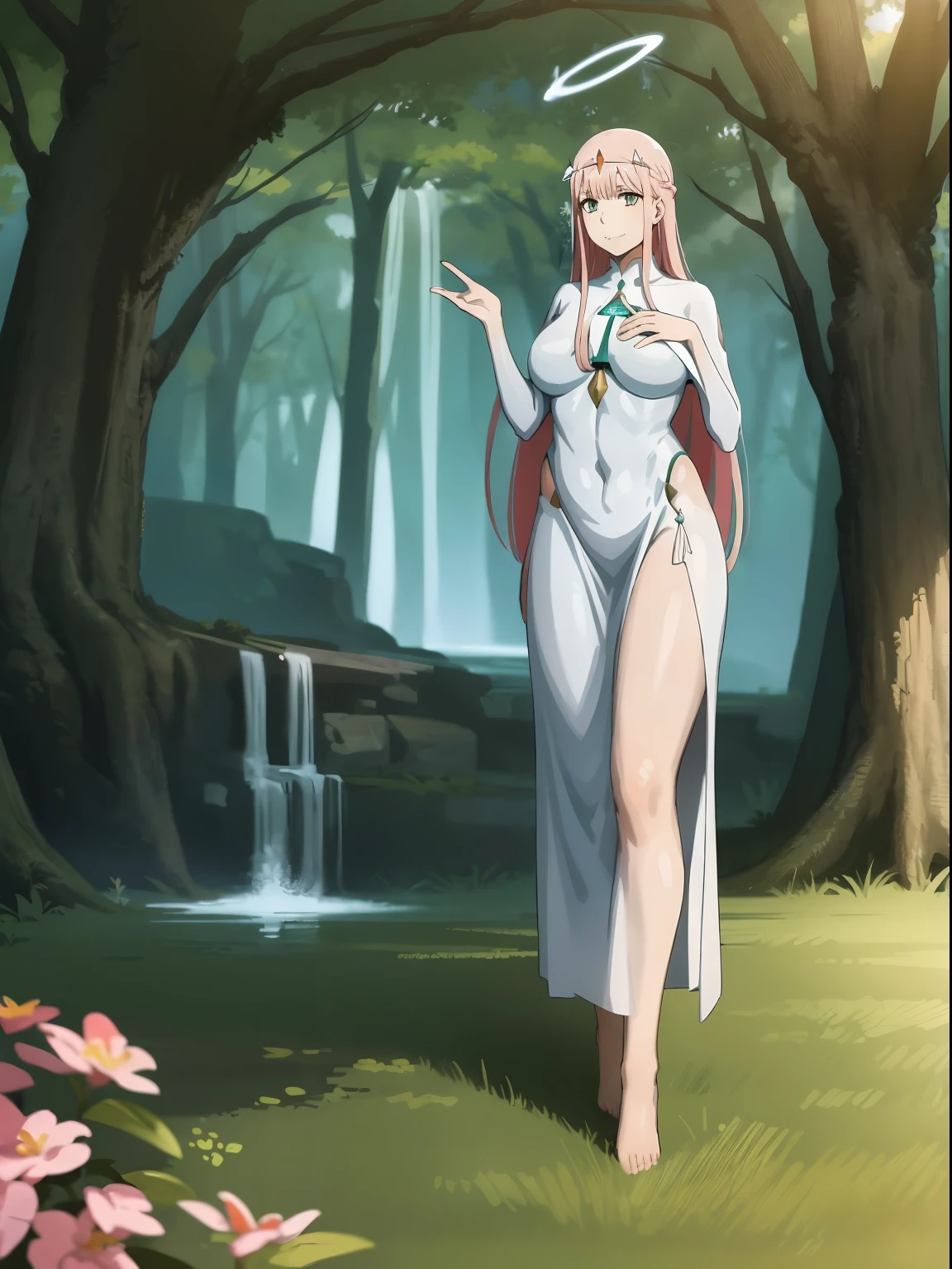 Zero Two, dress, sun halo, holy, smile, medium breast, priestess, full body, walking, divine aura, sun halo, solar halo, long skirt, porcelain skin, ethereal, graceful movement, flowing golden hair, radiant beauty, enchanting gaze, serene expression, soft sunlight, angelic presence, celestial atmosphere, mystical background, celestial light, glowing halo, gentle breeze, ethereal glow, captivating aura, divine radiance, natural beauty, sublime elegance, heavenly charm, peaceful countenance, harmonious surroundings, ethereal grace, mesmerizing presence, transcendent allure, magical serenity, serene and majestic, radiant happiness, heavenly enchantment, delicate features, elegant posture, celestial maiden, otherworldly presence, serene and ethereal, divine embodiment, celestial being, spiritual tranquility, mesmerizing beauty, ethereal goddess, radiant purity. Preparing SeaArt Bot Txt2Img Default 21:19:45, green eyes, white robe