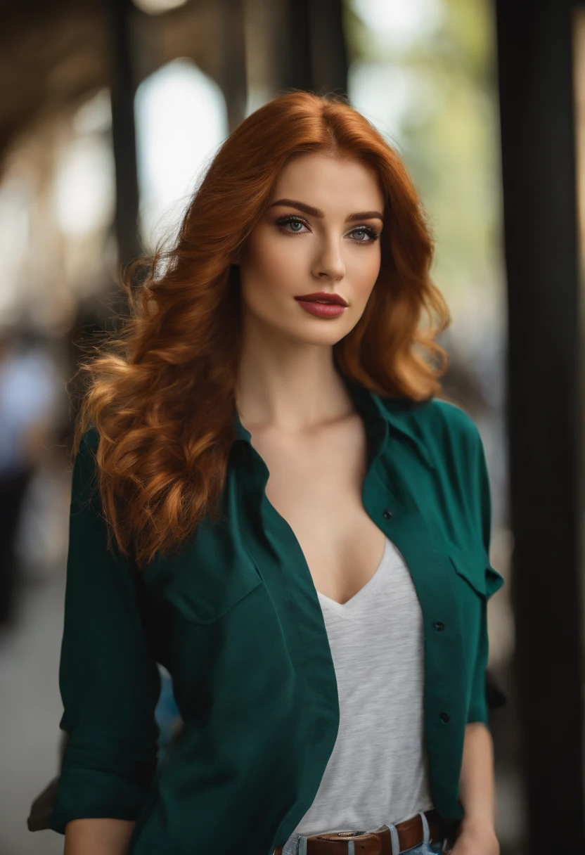 profesional, delineador de ojos, (Foto 4K:1.1) (foco nítido:1.3), High detail, Llevar (Camisa ajustada:1.2), Hermosa cara detallada, An attractive woman with long red hair looks at the camera, resembling actress Katherine McNamara, Panasonic Lumix s pro 50mm f/1.4, , Foto realista, (Mujer joven atractiva:1.3), (seductor:1.1), (ruboroso:1.1), Forma del cuerpo del reloj de arena, pechos grandes y redondos, T-top