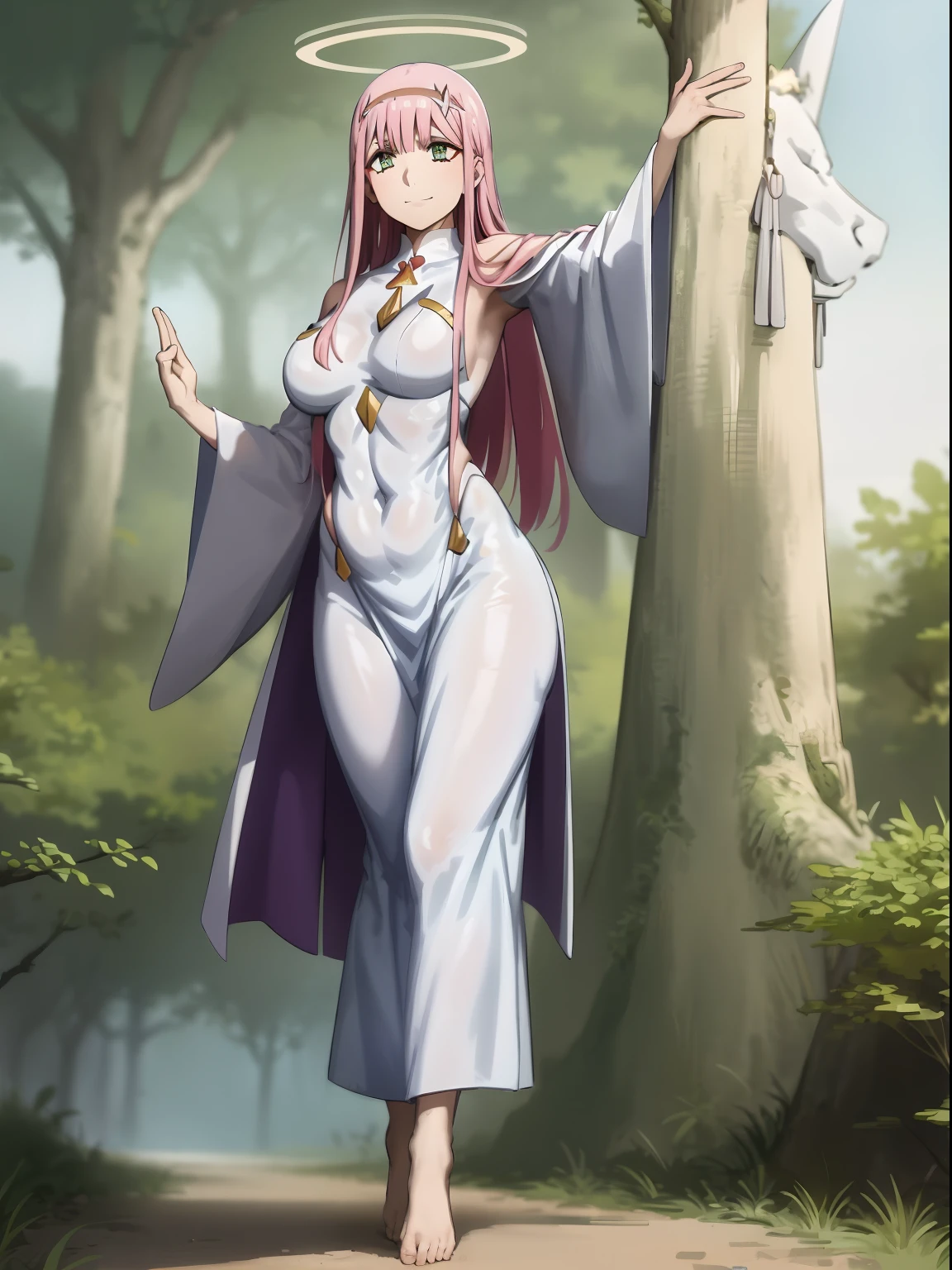 Zero Two, dress, sun halo, holy, smile, medium breast, priestess, full body, walking, divine aura, sun halo, solar halo, long skirt, porcelain skin, ethereal, graceful movement, flowing golden hair, radiant beauty, enchanting gaze, serene expression, soft sunlight, angelic presence, celestial atmosphere, mystical background, celestial light, glowing halo, gentle breeze, ethereal glow, captivating aura, divine radiance, natural beauty, sublime elegance, heavenly charm, peaceful countenance, harmonious surroundings, ethereal grace, mesmerizing presence, transcendent allure, magical serenity, serene and majestic, radiant happiness, heavenly enchantment, delicate features, elegant posture, celestial maiden, otherworldly presence, serene and ethereal, divine embodiment, celestial being, spiritual tranquility, mesmerizing beauty, ethereal goddess, radiant purity. Preparing SeaArt Bot Txt2Img Default 21:19:45, green eyes, white robe