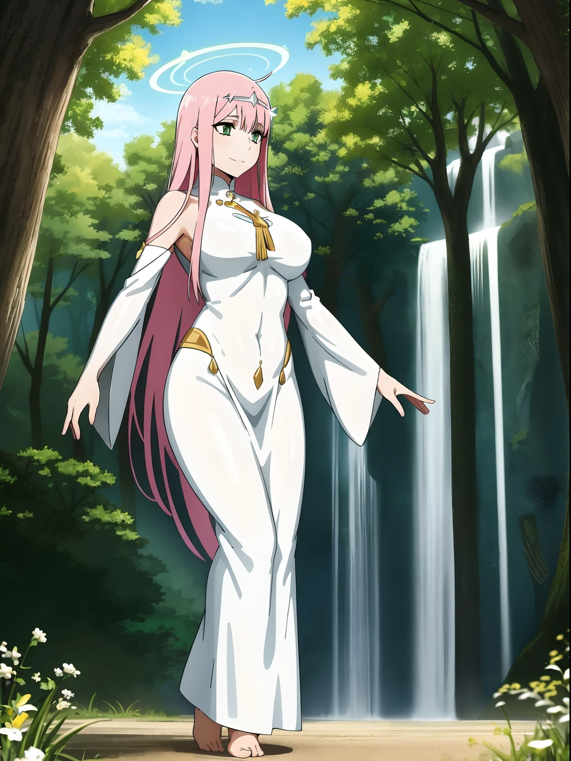 Zero Two, dress, sun halo, holy, smile, medium breast, priestess, full body, walking, divine aura, sun halo, solar halo, long skirt, porcelain skin, ethereal, graceful movement, flowing golden hair, radiant beauty, enchanting gaze, serene expression, soft sunlight, angelic presence, celestial atmosphere, mystical background, celestial light, glowing halo, gentle breeze, ethereal glow, captivating aura, divine radiance, natural beauty, sublime elegance, heavenly charm, peaceful countenance, harmonious surroundings, ethereal grace, mesmerizing presence, transcendent allure, magical serenity, serene and majestic, radiant happiness, heavenly enchantment, delicate features, elegant posture, celestial maiden, otherworldly presence, serene and ethereal, divine embodiment, celestial being, spiritual tranquility, mesmerizing beauty, ethereal goddess, radiant purity. Preparing SeaArt Bot Txt2Img Default 21:19:45, green eyes, white robe