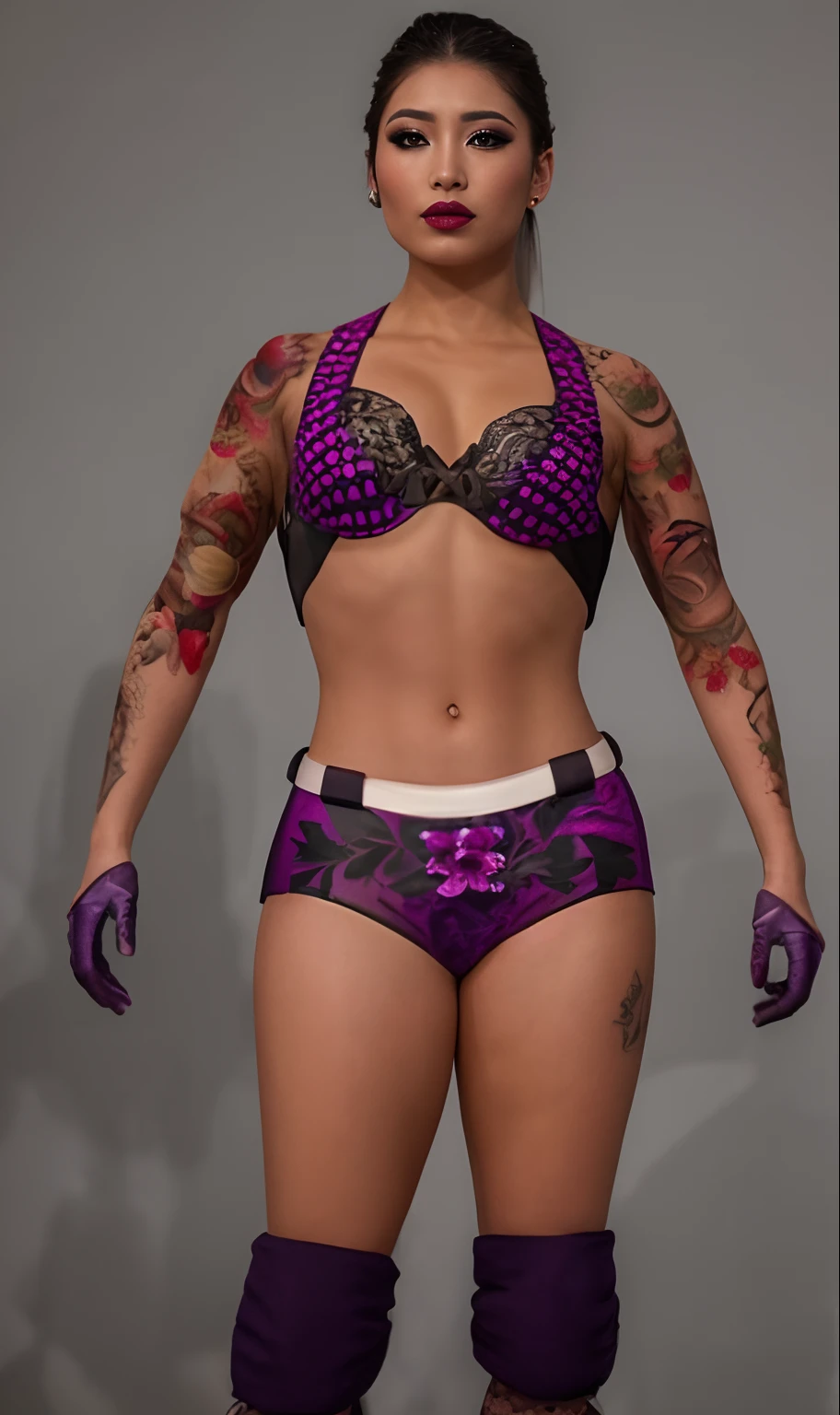 (Best quality,4K,8k,high resolucion,Masterpiece:1.2), Ultra-detailed, Realstic:1.37, costume de lutte  japonaise, beautiful detailed  eyes, beautiful detailed lips, Cils longs, Regard intense, Strong and delicate features, Position confiante, action dynamique, Vibrant colors, tatouages couvrant tout le corps, posture confiante, lingerie violette, style artistique, Elegant hairstyle, maquillage japonais traditionnel, dramatic lighting