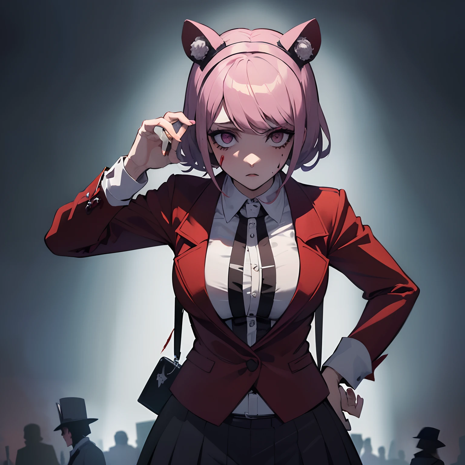 ((En una escena de crimen)), persona asesinada, detectives,anime, patrullas, (((sangre))), (((danganrompa))),crimen,asesino,asesina,muerte,chica anime de grandes pechos,(pechos grandes),(((manchan de sangre))),sangre, fondo sexy, chica,anime,crimenes