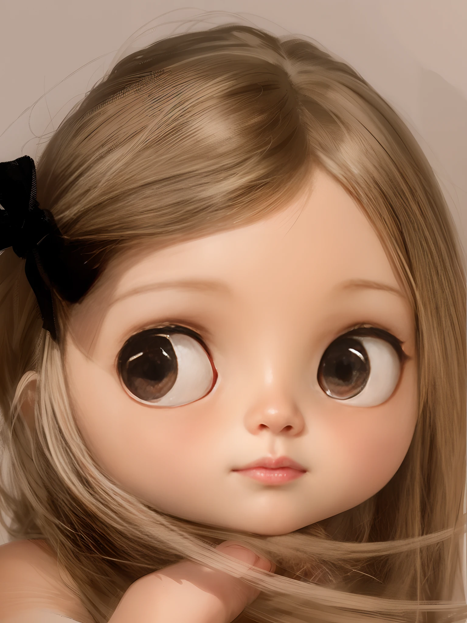 Blythe doll Round face medium black eyes curly black hair long eyelashes white skin 