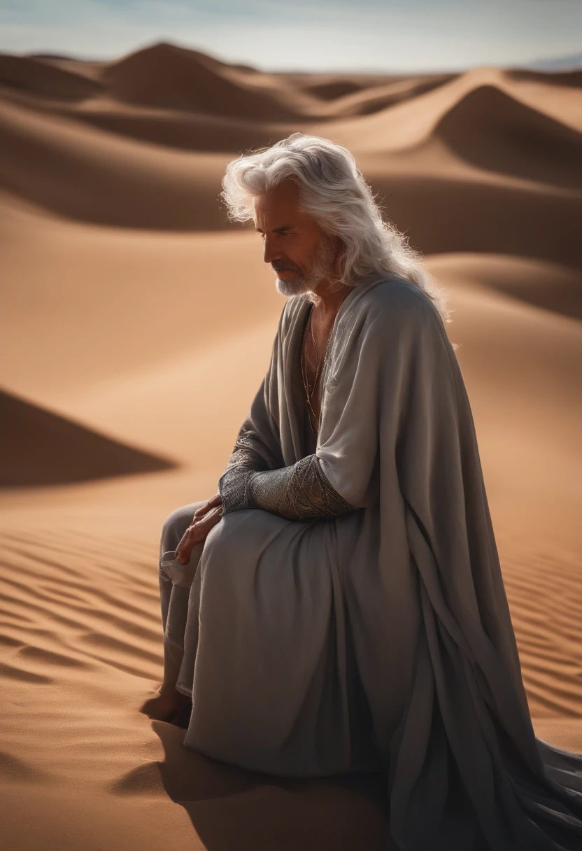 Masterpiece, Excellente, Single person, 1 personne, male, jeunesse, adolescent, sorcier, amincissant, Onze, silver-haired, cheveux longs, pupilles grises, Floating ball of light, Robe blanche, robe, relax, Detailed context of the desert