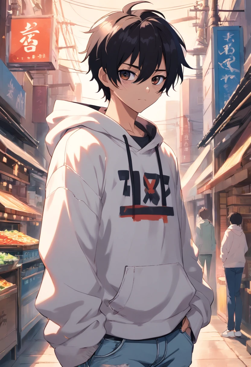 Anime Boy with black hair, black face mask, black pupils, white hoodie, BLACK ripped denim jeans, white shoes, has a katana, has a wreath on his head