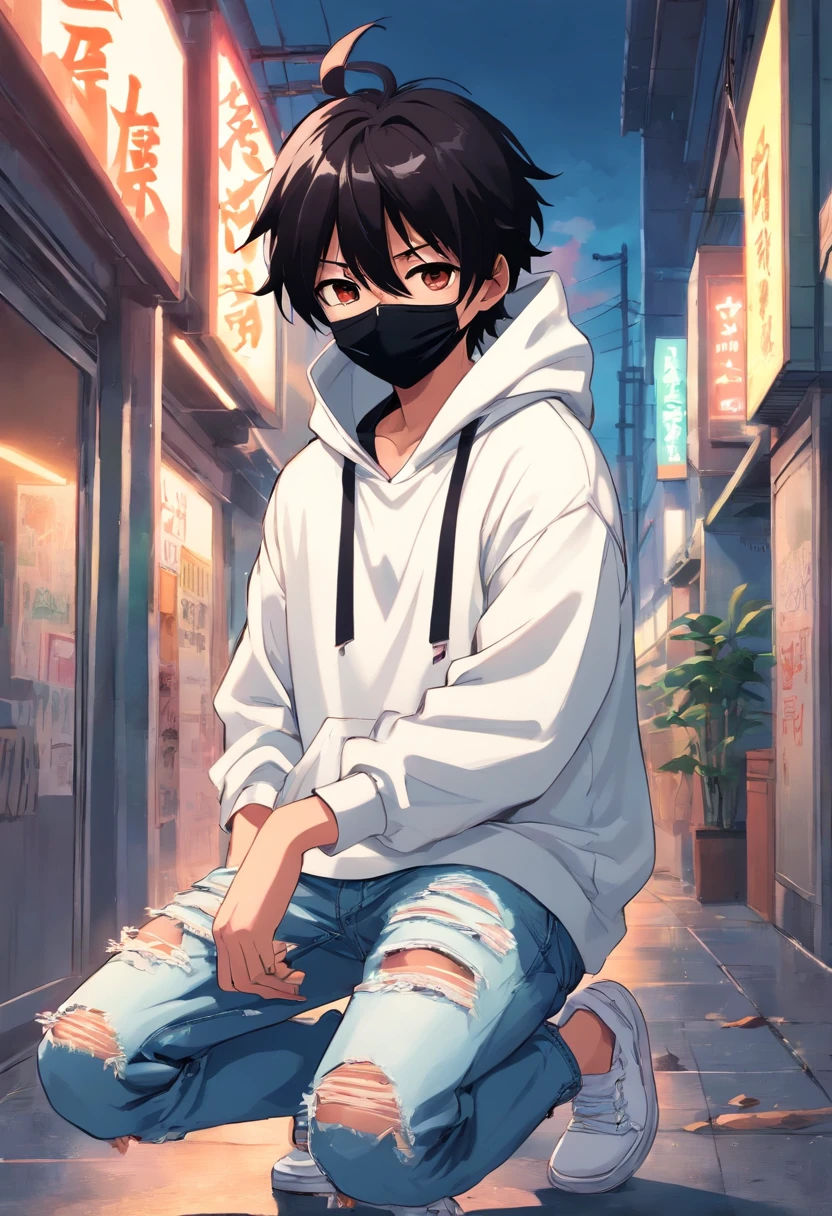 Anime Boy with black hair, black face mask, black pupils, white hoodie, BLACK ripped denim jeans, white shoes, has a katana, has a wreath on his head