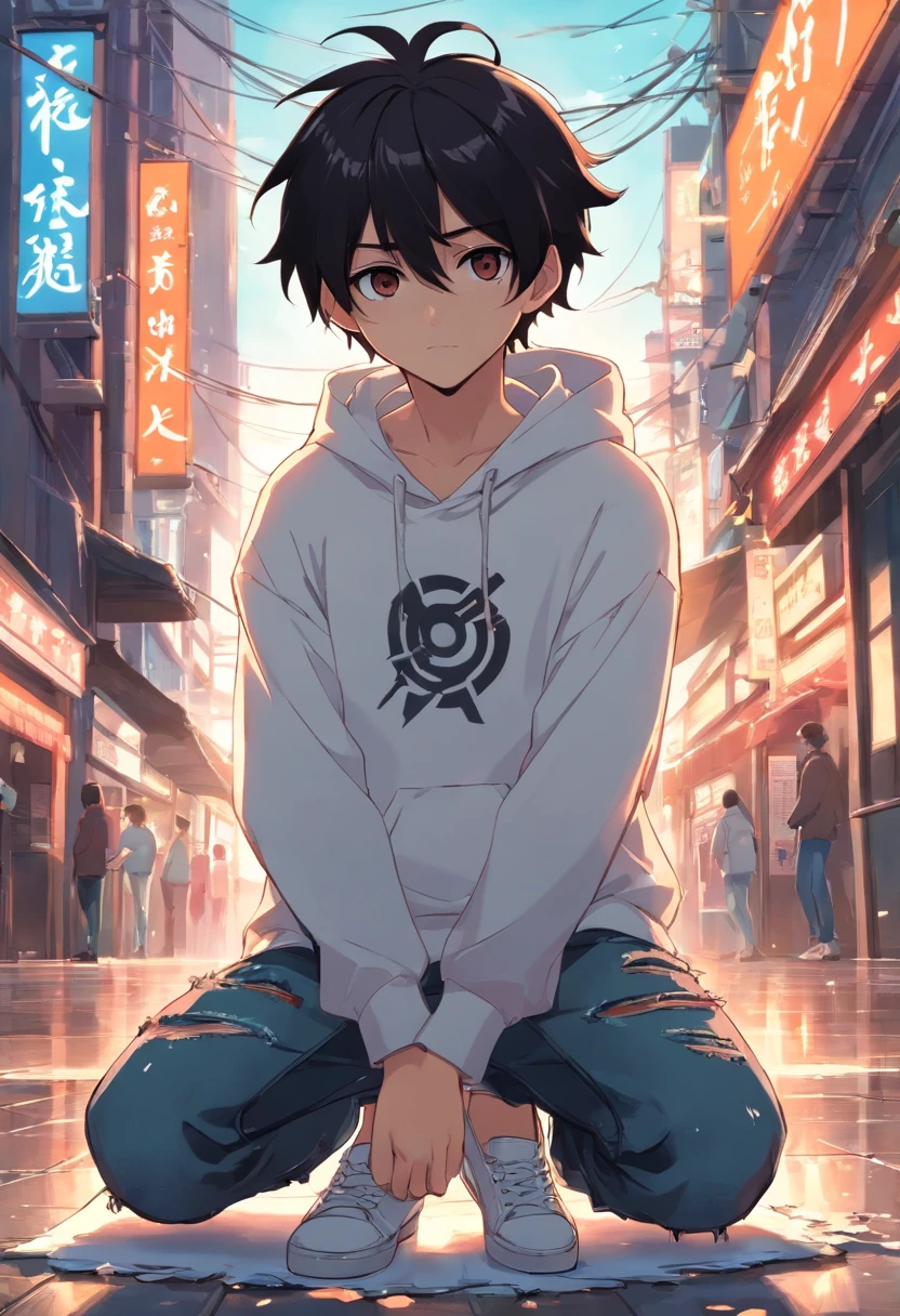 Anime Boy with black hair, black face mask, black pupils, white hoodie, BLACK ripped denim jeans, white shoes, has a katana, has a wreath on his head