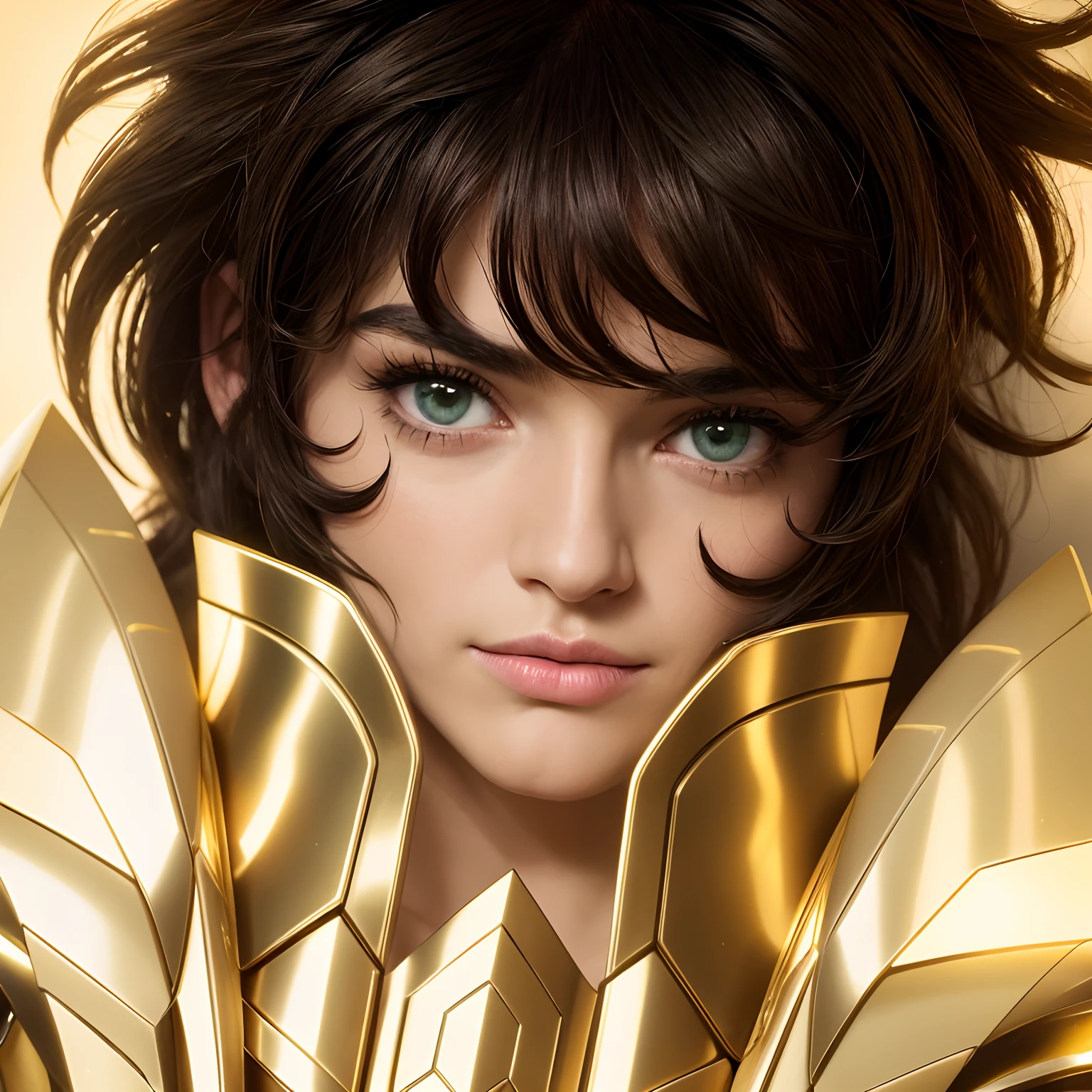 cinemactic, incrivelmente detalhado e ultrarrealista, Sagitairus aiolos de Saint Seiya. Close up. He's wearing pretty realistic golden armor. Armadura dourada brilhante. Octane is the perfect tool to capture the softest details of this 16k photography masterpiece. He is a handsome white man about 30 years old. 1homem. beautiful face. Rosto detalhado. Nariz bonito. (Olhos verdes muito grandes). olhos perfeitos. ((depilado)). ele tem cabelos castanhos. cabelos curtos com franja. messy hair. Bandana vermelha. Olhar terno.