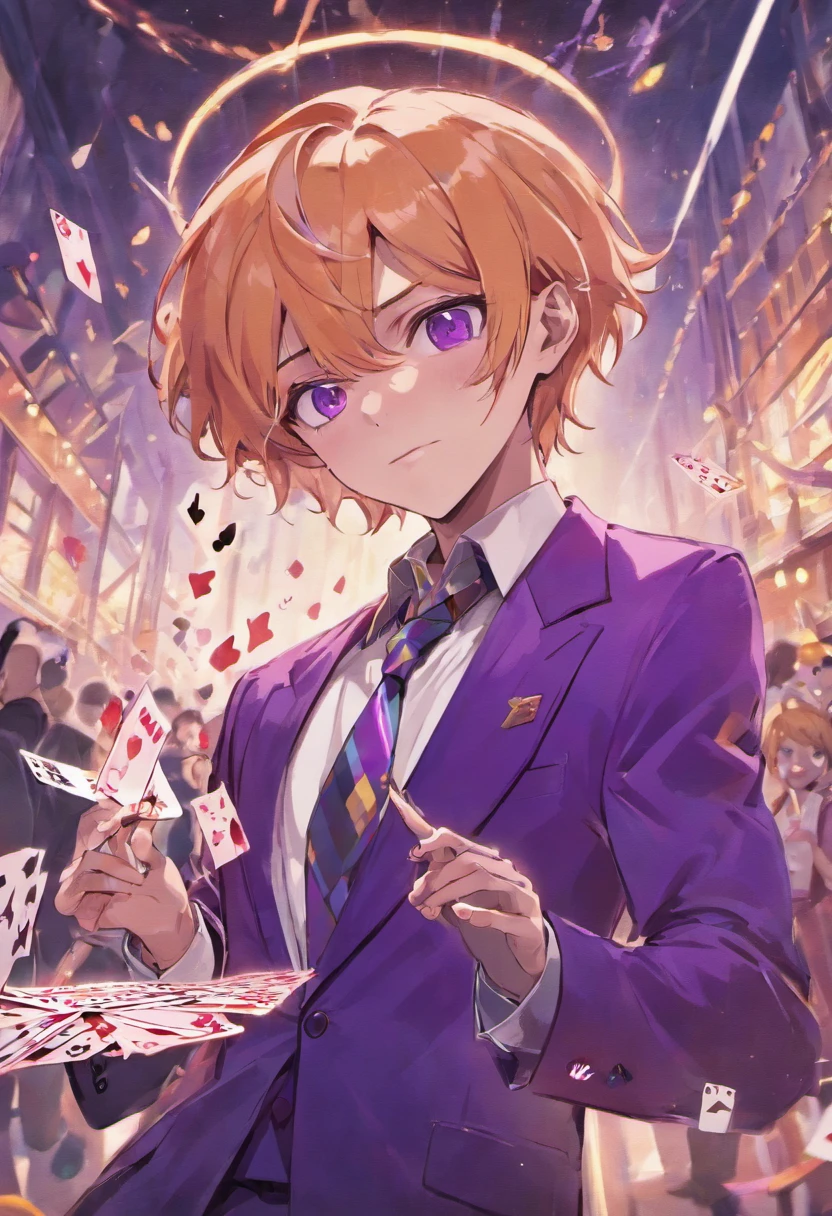 a man in a purple suit holding scissors, attractive magic man, playing cards, character, anime image, white mask,full art, official character art, official character illustration