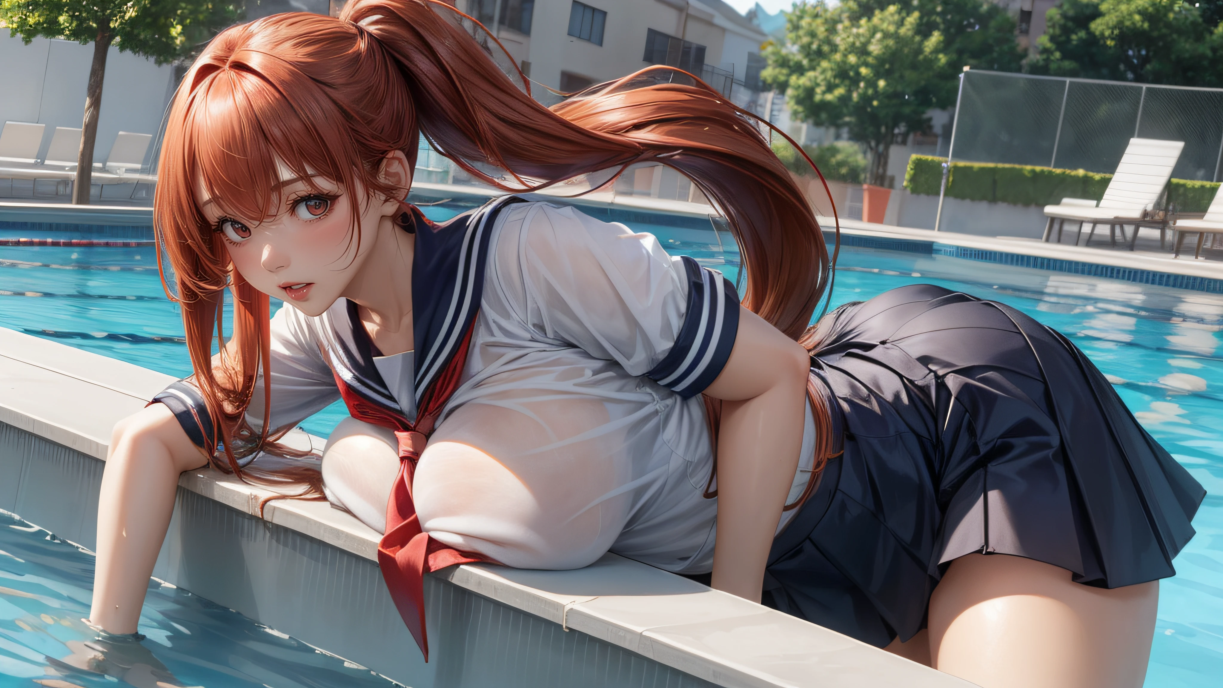 (porn image:1.5),(nsfw),((1girl:1.5),(curvy:1.2),petite,beautiful breasts,(gigantic breasts),pale skin,(erect nipples)),((realistic),high resolution,best quality,masterpiece,(Sense of presence),(Dynamic:1.5),(bold:1.5))),((extra long High ponytail),(thin hair:1.5),wet hair,(straight hair),Swept bangs,(extra light coppery red hair),(hair over one eye),hair blowing in the wind),((clothed),sailor uniform),(pool side,sunlight),all fours