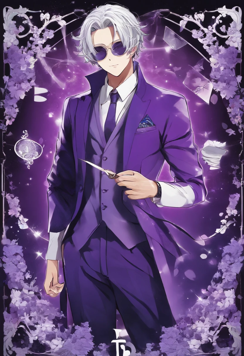 a man in a purple suit holding scissors, attractive magic man, playing cards, character, anime image, white mask,full art, official character art, official character illustration