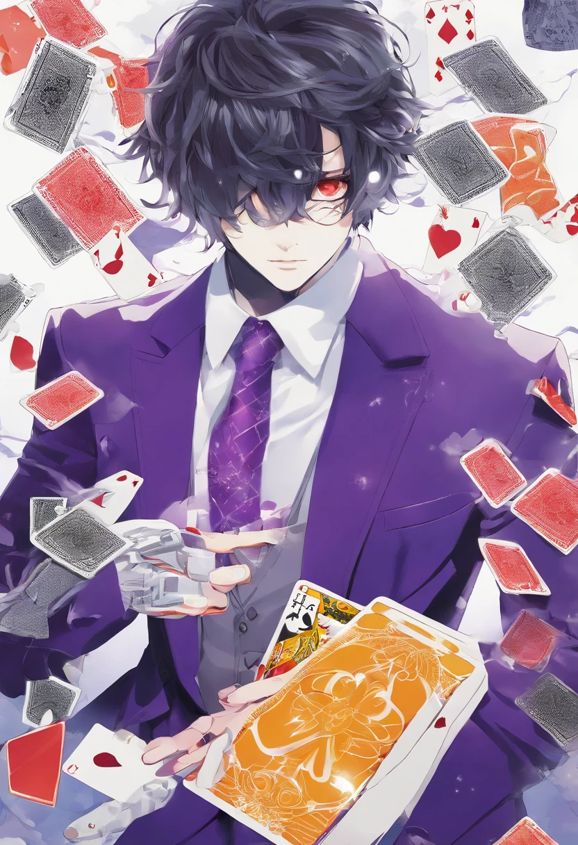 a man in a purple suit holding scissors, attractive magic man, playing cards, character, anime image, white mask,full art, official character art, official character illustration