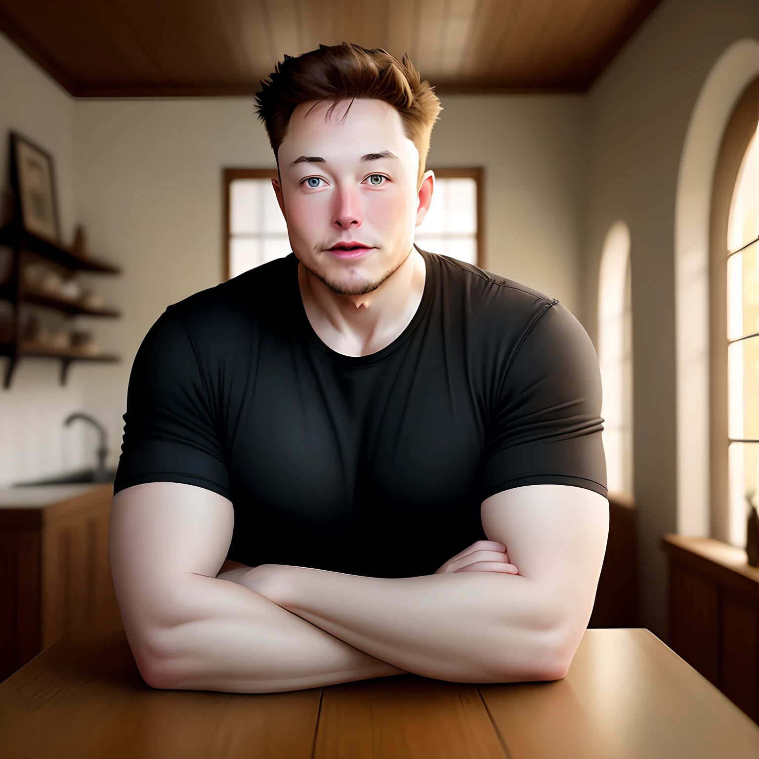 Gere uma imagem digital de Elon Musk em uma pose confiante, arms crossed, Wearing a black t-shirt with the inscription "MARKETING PARA BARBEIRO" no peito. O fundo da cena deve representar uma verdadeira barbearia., with characteristic elements, Like a Classic Vintage Barber Chair, Espelhos Antigos, and traditional décor details, epic realistic photography, hiper realista.