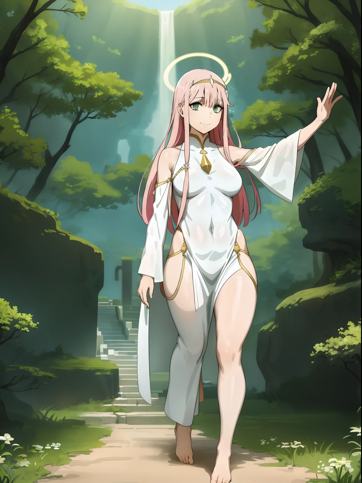 Zero Two, dress, sun halo, holy, smile, medium breast, priestess, full body, walking, divine aura, sun halo, solar halo, long skirt, porcelain skin, ethereal, graceful movement, flowing golden hair, radiant beauty, enchanting gaze, serene expression, soft sunlight, angelic presence, celestial atmosphere, mystical background, celestial light, glowing halo, gentle breeze, ethereal glow, captivating aura, divine radiance, natural beauty, sublime elegance, heavenly charm, peaceful countenance, harmonious surroundings, ethereal grace, mesmerizing presence, transcendent allure, magical serenity, serene and majestic, radiant happiness, heavenly enchantment, delicate features, elegant posture, celestial maiden, otherworldly presence, serene and ethereal, divine embodiment, celestial being, spiritual tranquility, mesmerizing beauty, ethereal goddess, radiant purity. Preparing SeaArt Bot Txt2Img Default 21:19:45, green eyes, white robe