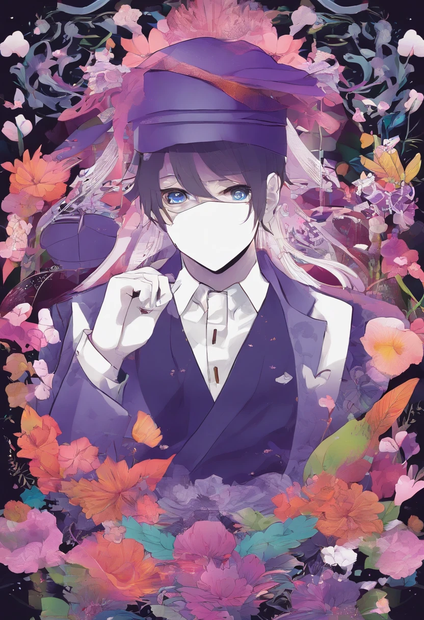 um homem de terno roxo segurando uma carta de baralho, homem atraente, cartas de baralho, character, imagem de anime, white mask,arte completa, arte oficial do personagem, official character illustration, Magician's hat, purple hat