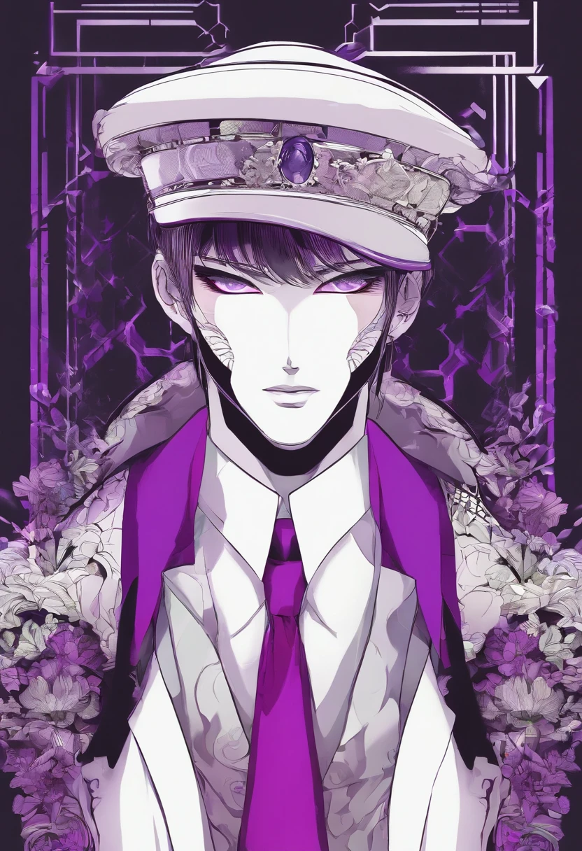 um homem de terno roxo segurando uma carta de baralho, homem atraente, cartas de baralho, character, imagem de anime, white mask,arte completa, arte oficial do personagem, official character illustration, Magician's hat, purple hat
