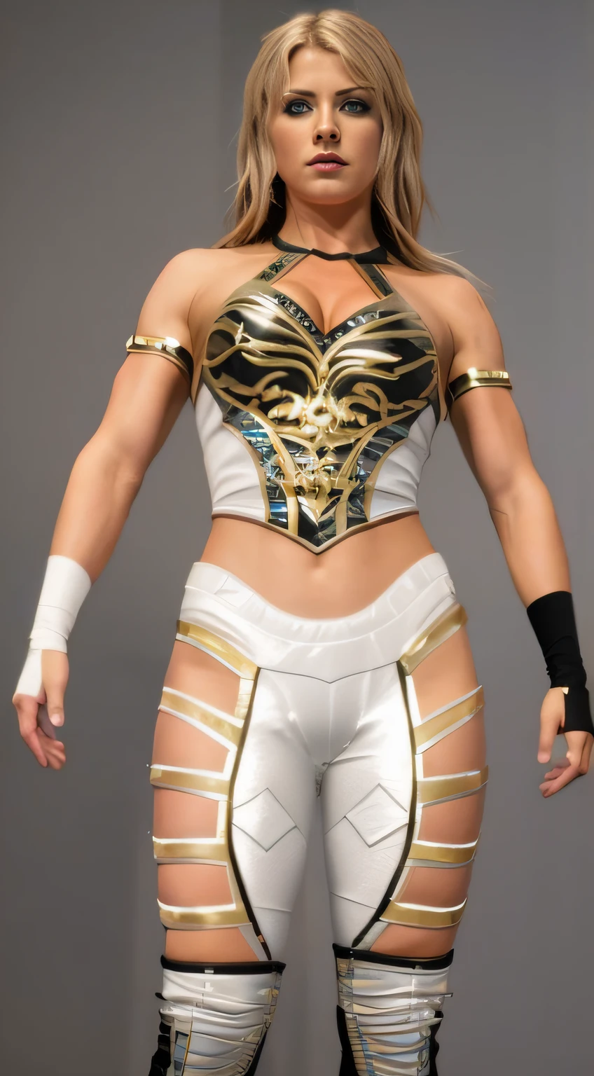 (Best quality,4K,8k,high resolucion,Masterpiece:1.2),Ultra-detailed,(Realstic,photoreallistic,photo-realistic:1.37),A Swedish woman with long blonde hair in a wrestler's outfit, serious expression, Very detailed outfit, detailed body, cheveux blonds, yeux bleus, Solid and athletic construction, Wrestling equipment, Muscular arms and legs, A Determined Position, ring de lutte, dramatic lighting, pose dynamique, Une concurrence intense, Sinister atmosphere, Mouvements puissants, acclamations de la foule, style de lutte professionnelle, Des couleurs vives et vibrantes, high contrast, Theatrical Make-up.