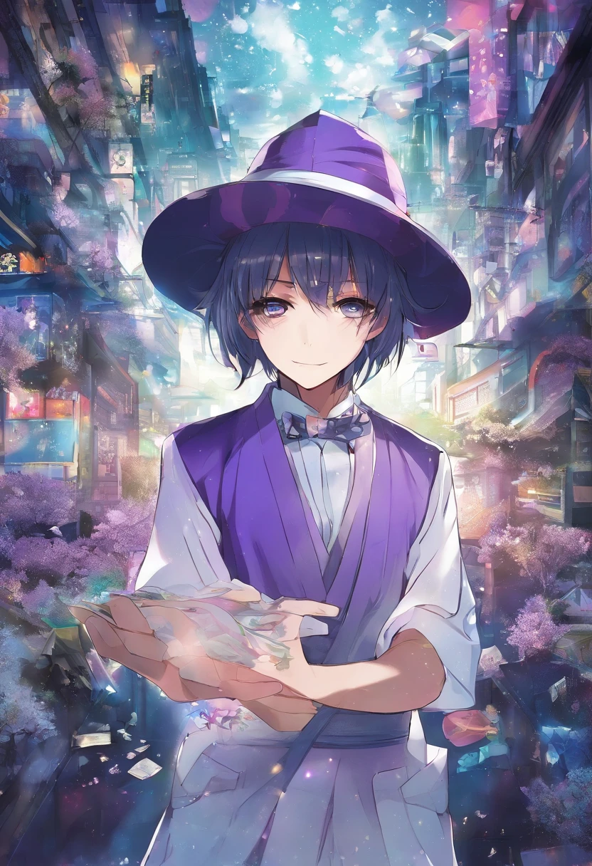 um homem de terno roxo segurando uma carta de baralho, homem atraente, cartas de baralho, character, imagem de anime, white mask,arte completa, arte oficial do personagem, official character illustration, Magician's hat, purple hat
