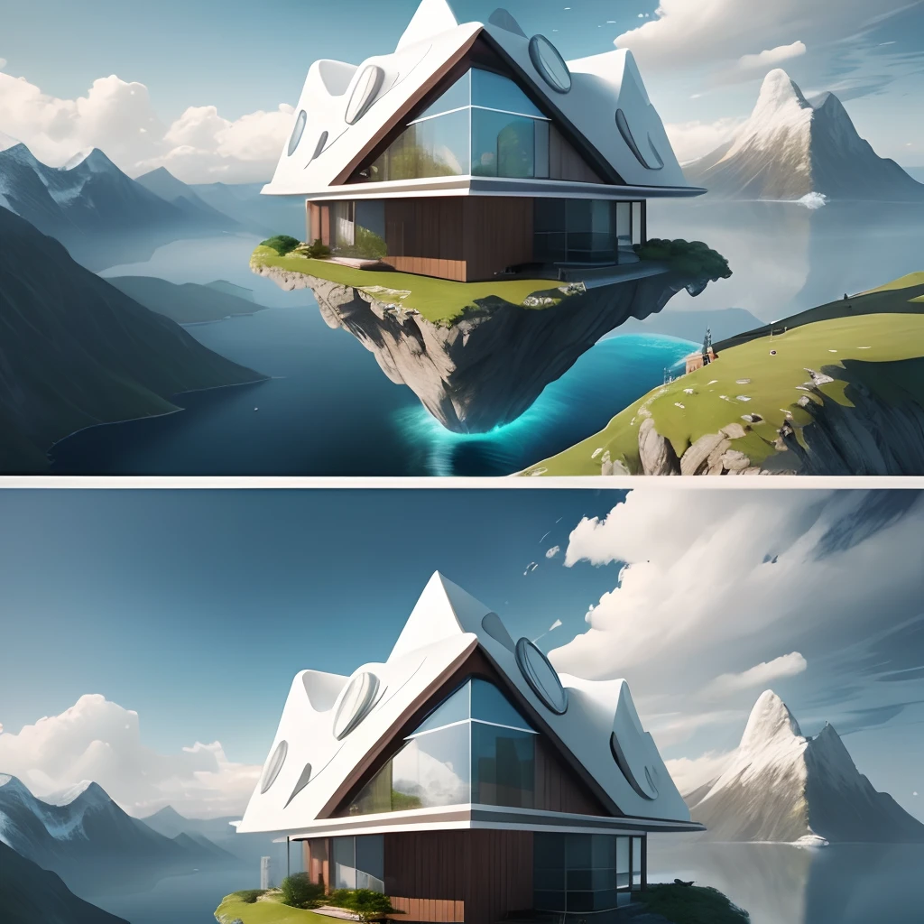 Flying islands mountain beautiful modern house