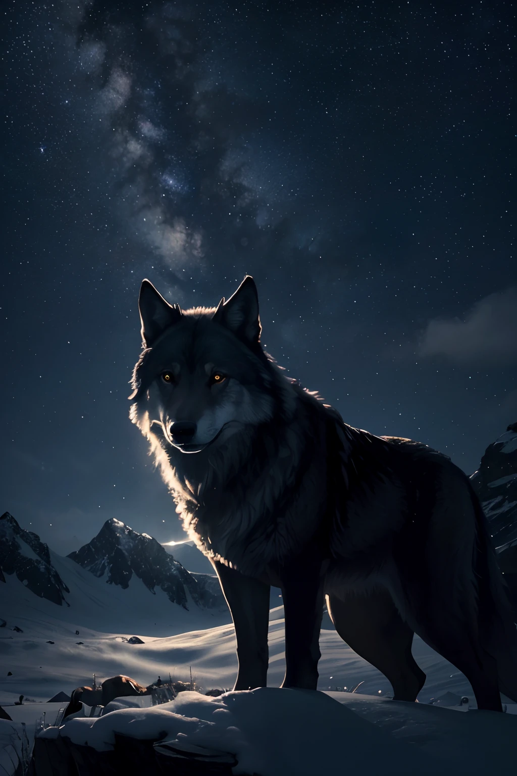 (best quality,4k,8k,highres,masterpiece:1.2),ultra-detailed,(realistic,photorealistic,photo-realistic:1.37),a wolf on top of a mountain on a starry night howling, illustration, ((oil painting, sharp focus)), vivid colors, moonlit landscape, dense forest, howling under the moonlight, mesmerizing view, glowing eyes, nighttime atmosphere, majestic posture, isolated silhouette, shadows and highlights, ominous presence, distant twinkling stars, tranquil ambiance