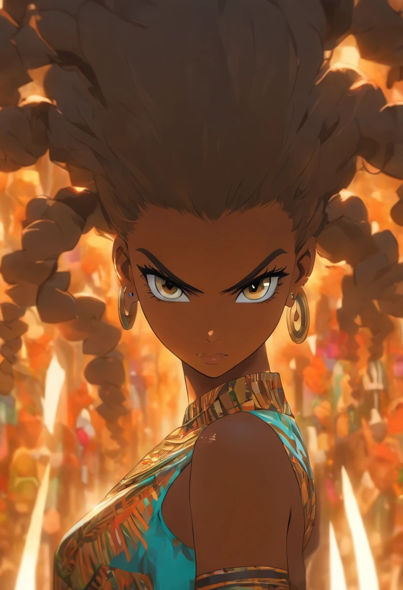 Natural photograph of a beautiful African girl, porter un crop top ample, se pencher, cheveux longs et fluides, Grand buste, locks eyes in the camera, eyes symmetrical, symmetrical face, photoreallistic, photographie, Path layout, specular lighting, Volumetric facial light, Hair path, Ombres visibles, complexe, elaborate