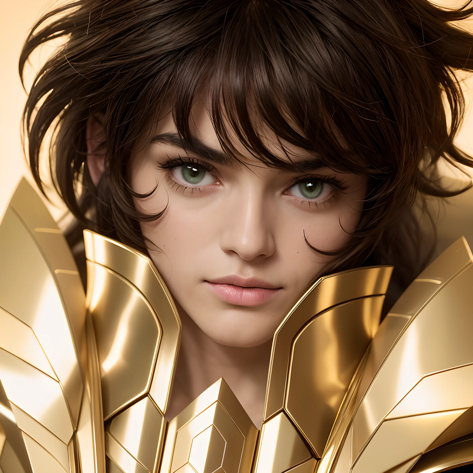 cinemactic, incrivelmente detalhado e ultrarrealista, Sagitairus aiolos de Saint Seiya. Close up. He's wearing pretty realistic golden armor. Armadura dourada brilhante. Octane is the perfect tool to capture the softest details of this 16k photography masterpiece. He is a handsome white man about 40 years old. 1homen. beautiful face. Rosto detalhado. Nariz bonito. (Olhos verdes muito grandes). olhos perfeitos. ((depilado)). ele tem cabelos castanhos. cabelos curtos com franja. messy hair. Bandana vermelha. masculine traits. Olhar terno.