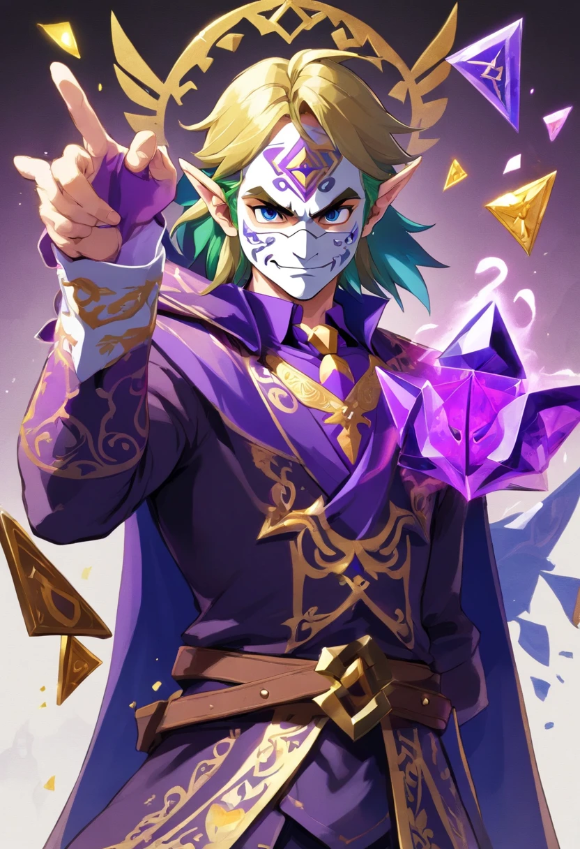 um homem de terno roxo segurando tesoura, attractive magician man, cartas de baralho, character, imagem de anime, white mask,arte completa, arte oficial do personagem, official character illustration