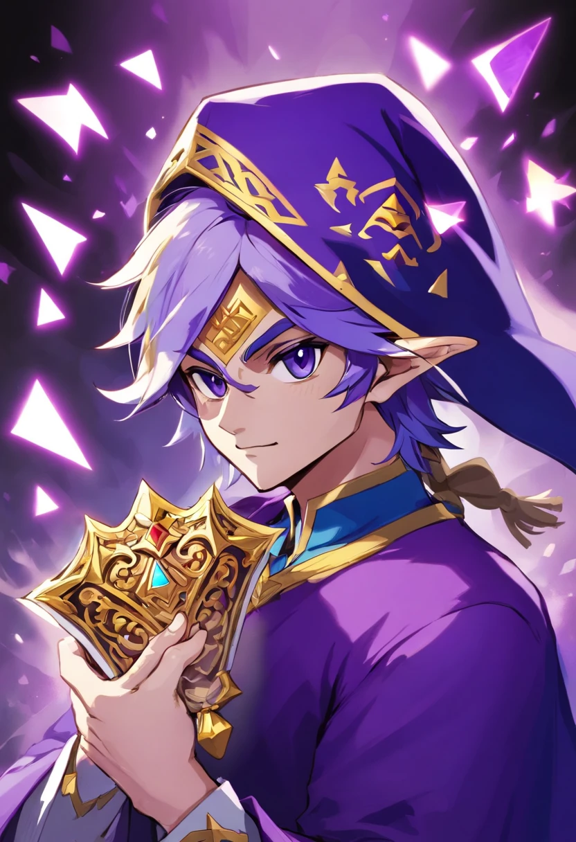 um homem de terno roxo segurando tesoura, attractive magician man, cartas de baralho, character, imagem de anime, white mask,arte completa, arte oficial do personagem, official character illustration