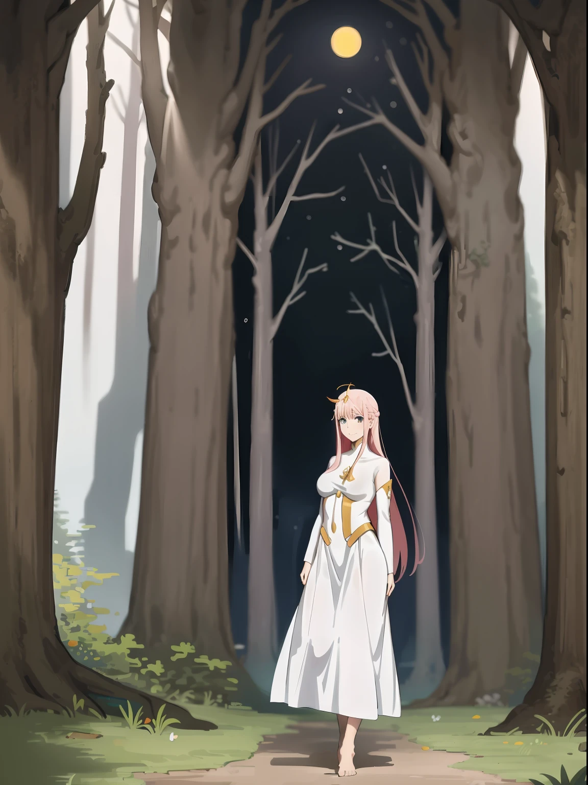 Zero Two, dress, sun halo, holy, smile, medium breast, priestess, full body, walking, divine aura, sun halo, solar halo, long skirt, porcelain skin, ethereal, graceful movement, flowing golden hair, radiant beauty, enchanting gaze, serene expression, soft sunlight, angelic presence, celestial atmosphere, mystical background, celestial light, glowing halo, gentle breeze, ethereal glow, captivating aura, divine radiance, natural beauty, sublime elegance, heavenly charm, peaceful countenance, harmonious surroundings, ethereal grace, mesmerizing presence, transcendent allure, magical serenity, serene and majestic, radiant happiness, heavenly enchantment, delicate features, elegant posture, celestial maiden, otherworldly presence, serene and ethereal, divine embodiment, celestial being, spiritual tranquility, mesmerizing beauty, ethereal goddess, radiant purity. Preparing SeaArt Bot Txt2Img Default 21:19:45, green eyes, white robe, large skirt, long skirt