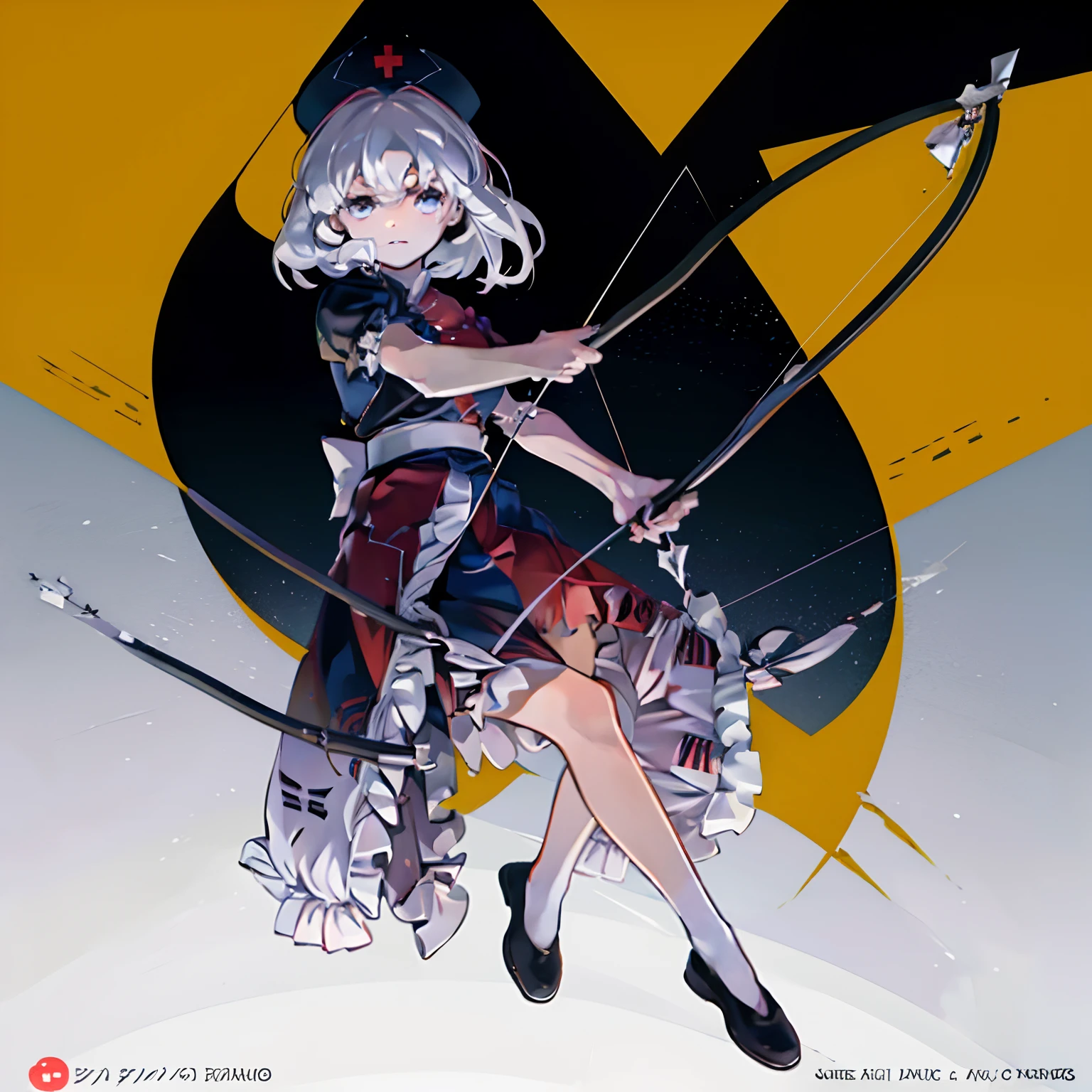 Cartoon illustration of woman with hat and bow holding small sword, Solo, 1girl in, Bow (arma), Yagokoro Eirin, arma, hat, style parody, Full body, Long hair, Short sleeves, Red Cross, arrow (projectile), White hair, Nurse Cap, holding weapon, Black footwear, Dress, Holding, Transparent background, Looking at Viewer