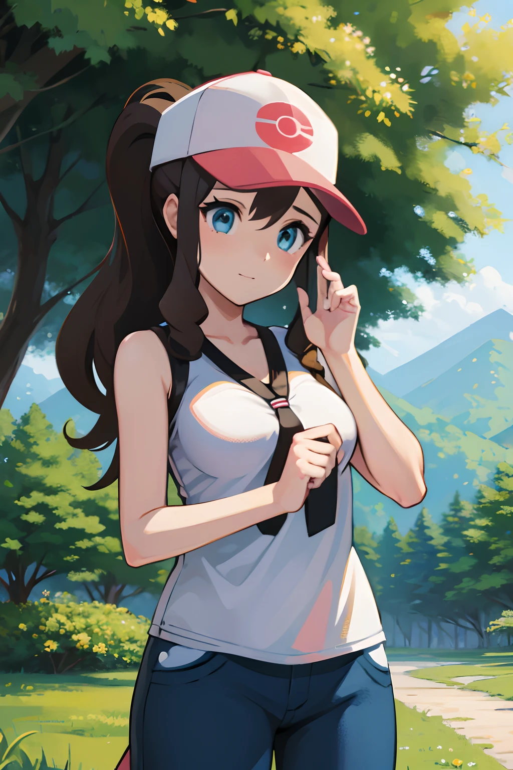 1girl in、hight resolution、​masterpiece、hilda \(A pokémon\)、Hats、poneyTail、plein air、