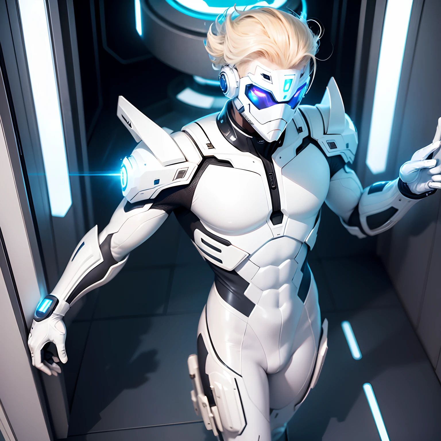 (futuristic, sci fi)Male in all white body suit, blonde hair, white glove, full body suit, hands visible, hair visible, pale skin, beautiful face, masterpiece, white futuristic mask covering mouth, eyes visible, powerful pose