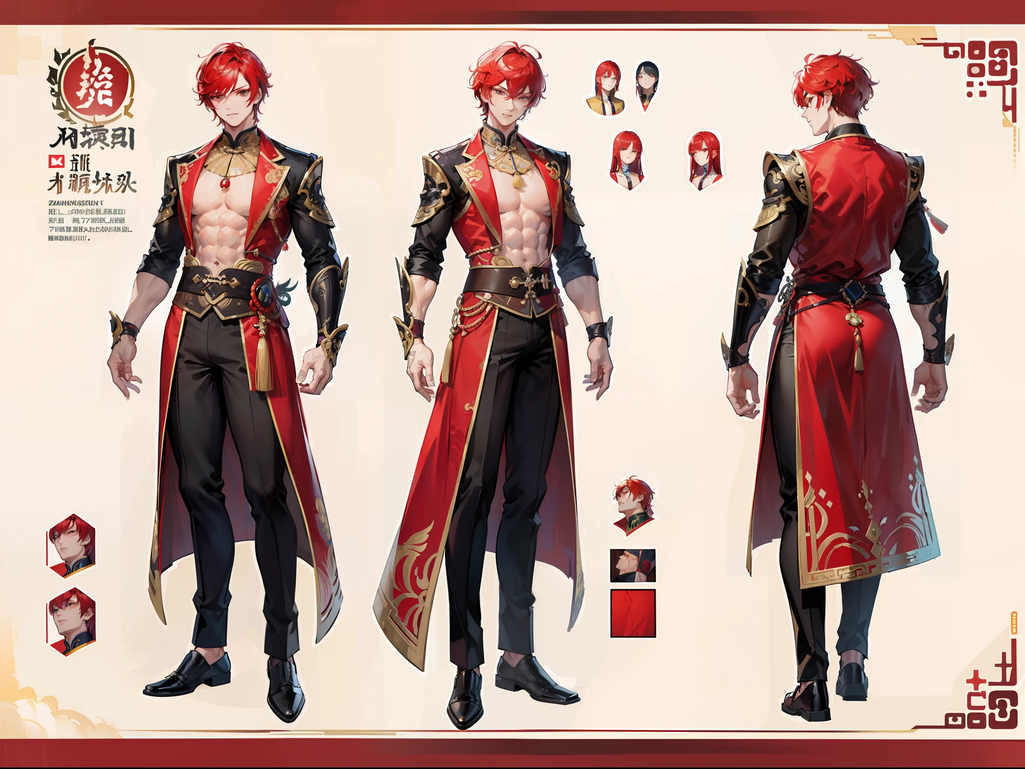 ((Masterpiece, Highest quality)), Male, boy, Detailed face, character design sheet，full body esbian, Full of details, frontal body view, back body view, Highly detailed, Depth, Many parts, Muscle boy with red hair，handsome man,  Traditional chinese clothes, Genshin Impact, man tall, pectoral muscles, abs