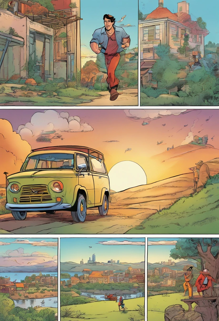 Quadrinhos americanos, The comic is presented in several irregular panels with colors. Man goes through hardships as he runs away from the past and then reunites happily. The style is exaggerated and detailed