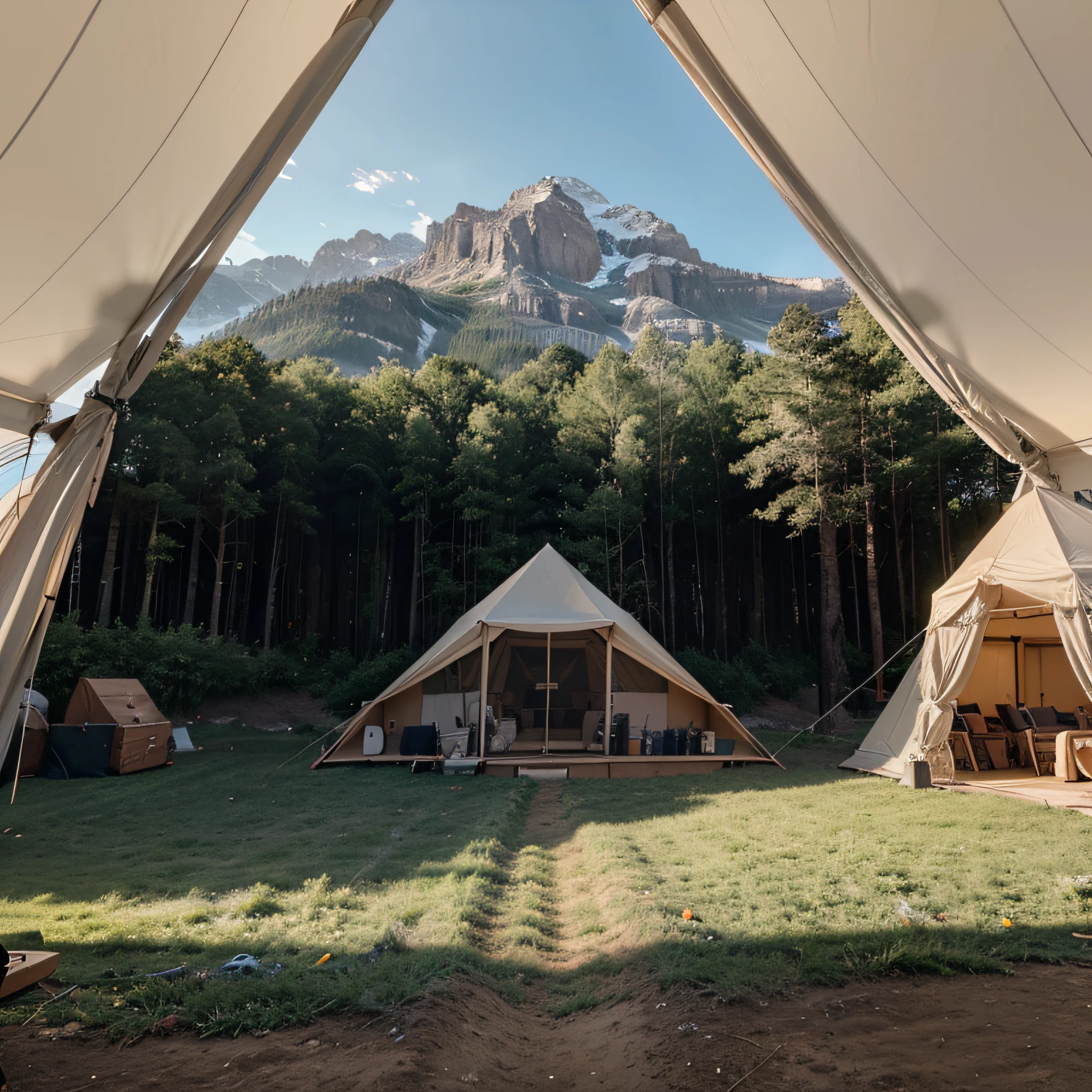 an open tent on all sides set up with 4 standing timbers to support, Panoramic, detalhado, Photographic Realistic, 8K