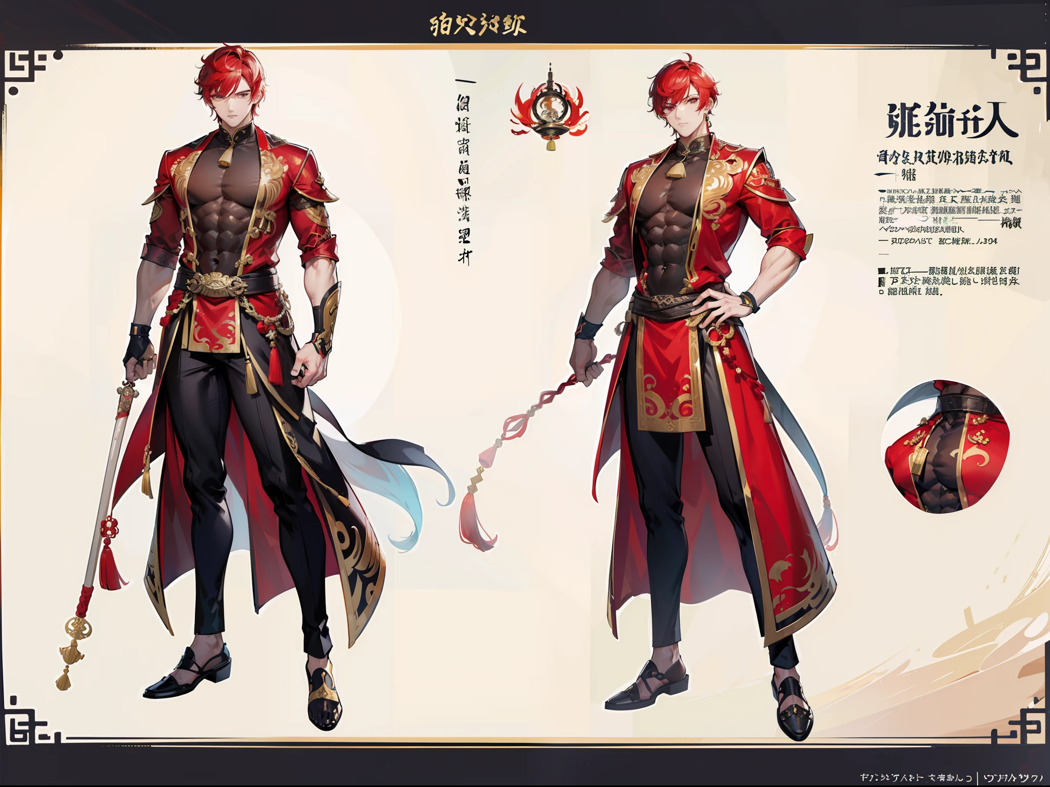 ((Masterpiece, Highest quality)), Detailed face, character design sheet,full body esbian, Full of details, frontal body view, back body view, Highly detailed, Depth, Many parts, Muscle boy with red hair,handsome man, Traditional chinese clothes, Genshin Impact, man tall, pectoral muscles, abs
