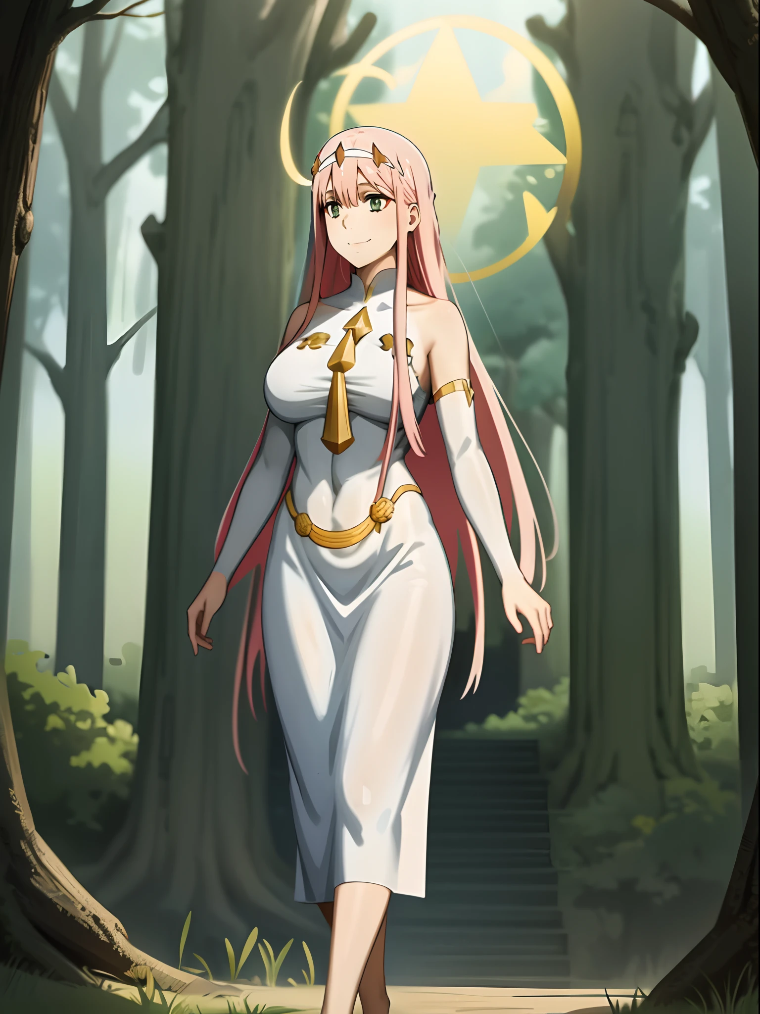 Zero Two, dress, sun halo, holy, smile, medium breast, priestess, full body, walking, divine aura, sun halo, solar halo, long skirt, porcelain skin, ethereal, graceful movement, flowing golden hair, radiant beauty, enchanting gaze, serene expression, soft sunlight, angelic presence, celestial atmosphere, mystical background, celestial light, glowing halo, gentle breeze, ethereal glow, captivating aura, divine radiance, natural beauty, sublime elegance, heavenly charm, peaceful countenance, harmonious surroundings, ethereal grace, mesmerizing presence, transcendent allure, magical serenity, serene and majestic, radiant happiness, heavenly enchantment, delicate features, elegant posture, celestial maiden, otherworldly presence, serene and ethereal, divine embodiment, celestial being, spiritual tranquility, mesmerizing beauty, ethereal goddess, radiant purity. Preparing SeaArt Bot Txt2Img Default 21:19:45, green eyes, white robe