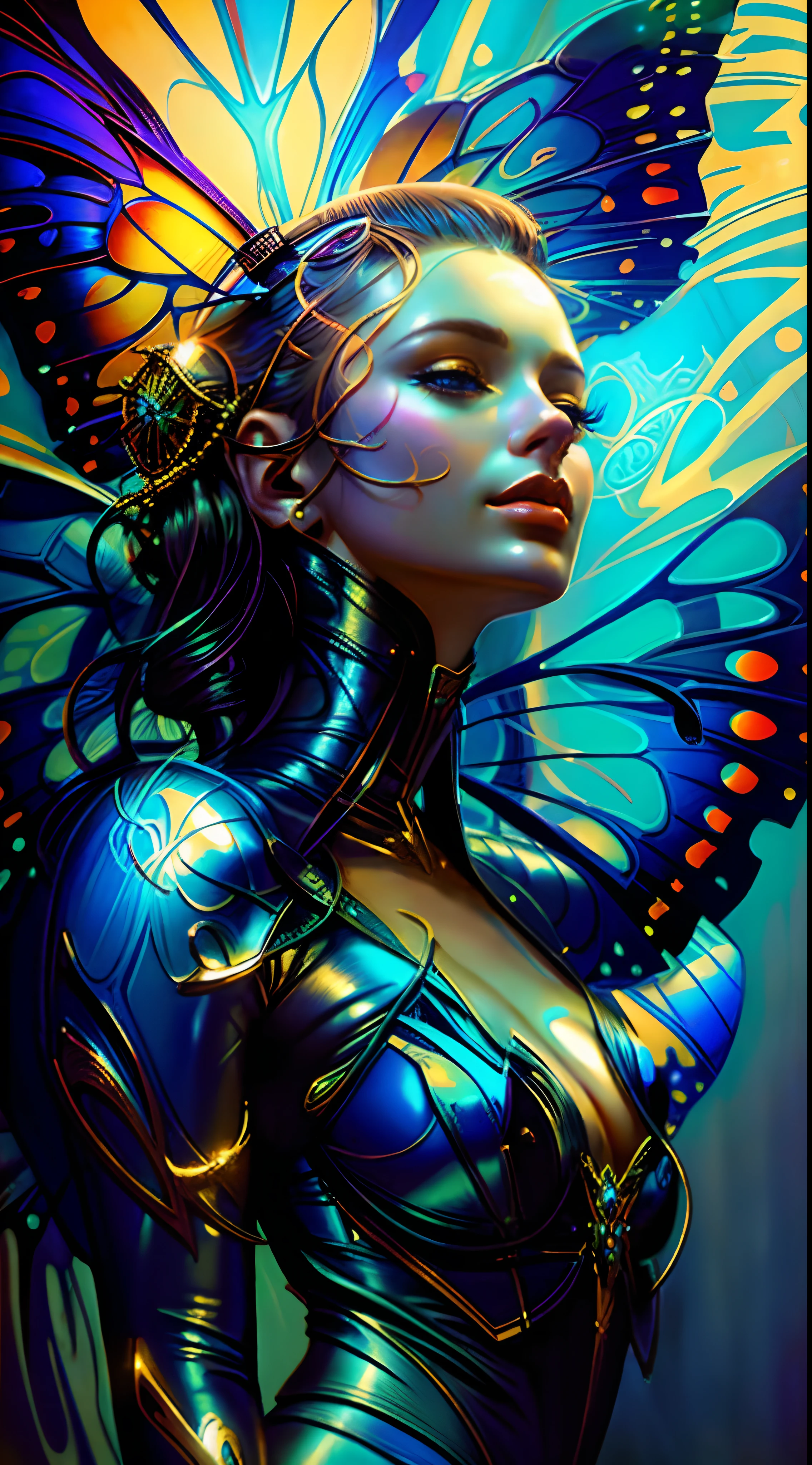 A closeup of a woman with butterfly wings on her head, bela arte digital, lindo arte digital, karol bak uhd, arte fantasia behance, 8 0's estilo tomasz alen kopera, stunning digital illustration, Artgerm Julie Bell Beeple, Tomasz Alen Kopera e CGSoration, arte digital impressionante, pintura digital brilhante