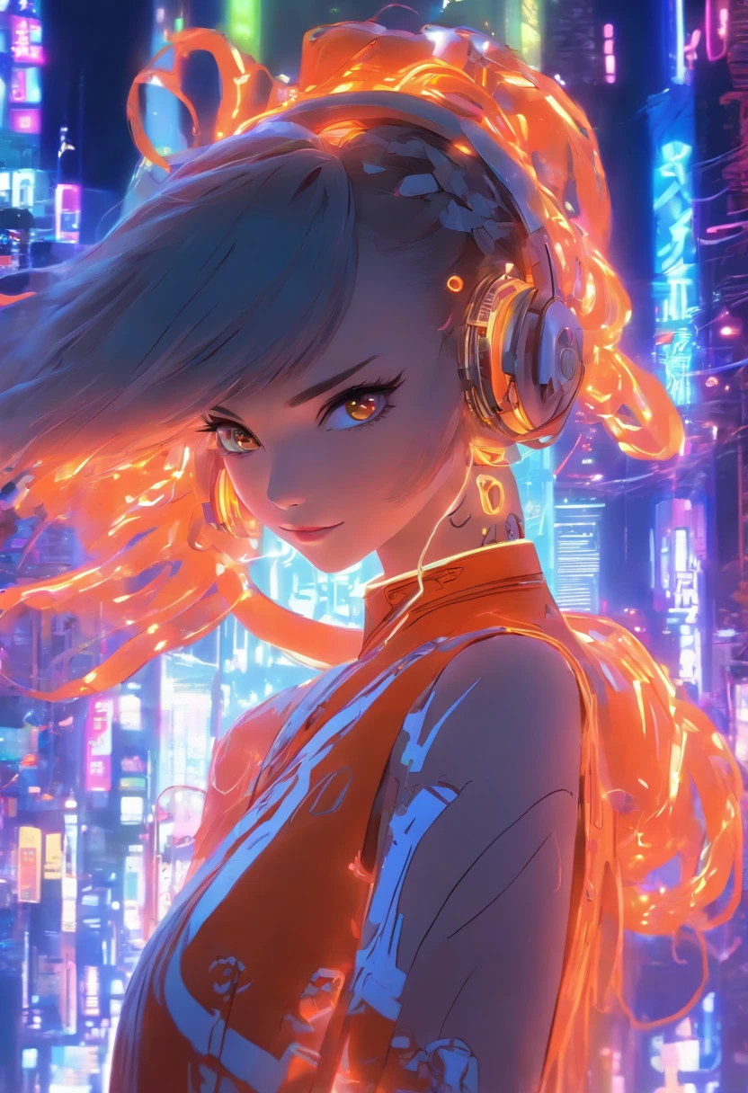 1 girl, Chinese_clothes, white and orange, cyberhan, cheongsam, cyberpunk city, dynamic pose, glowing headphones, glowing hair accessories, long hair, glowing earrings, glowing necklace, cyberpunk, high-tech city, full of mechanical and futuristic elements, futuristic, technology, glowing neon, orange, orange light, transparent tulle, transparent streamers, laser, digital background urban sky, big moon, with vehicles, best quality, masterpiece, 8K, character edge light, super high detail, High quality, the most beautiful woman in man, smiling slightly